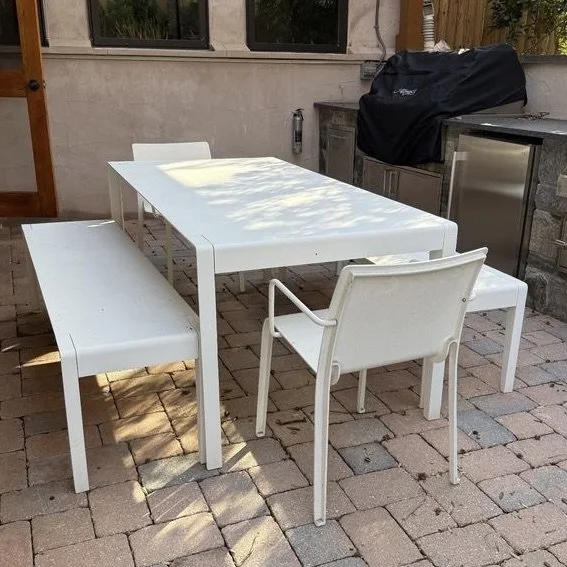 JANUS et Cie Dining Set—table; 2 benches & 2 arm chairs