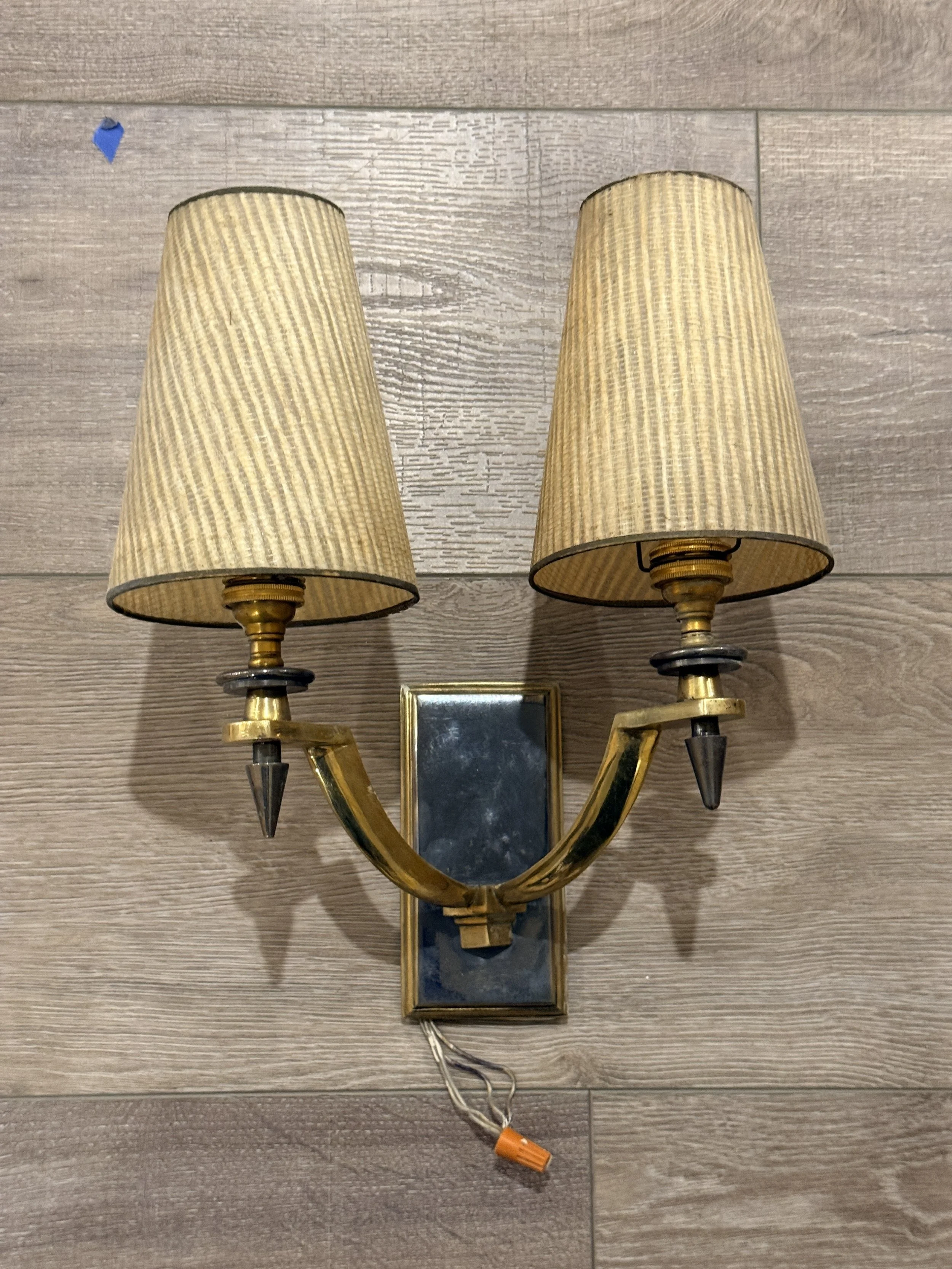 Vintage Brass Double Sconce with Raffia Shades