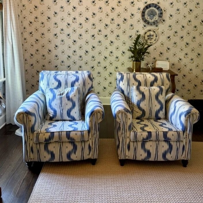 Lee Industries Club Chairs in Pierre Frey Toiles De Nantes 