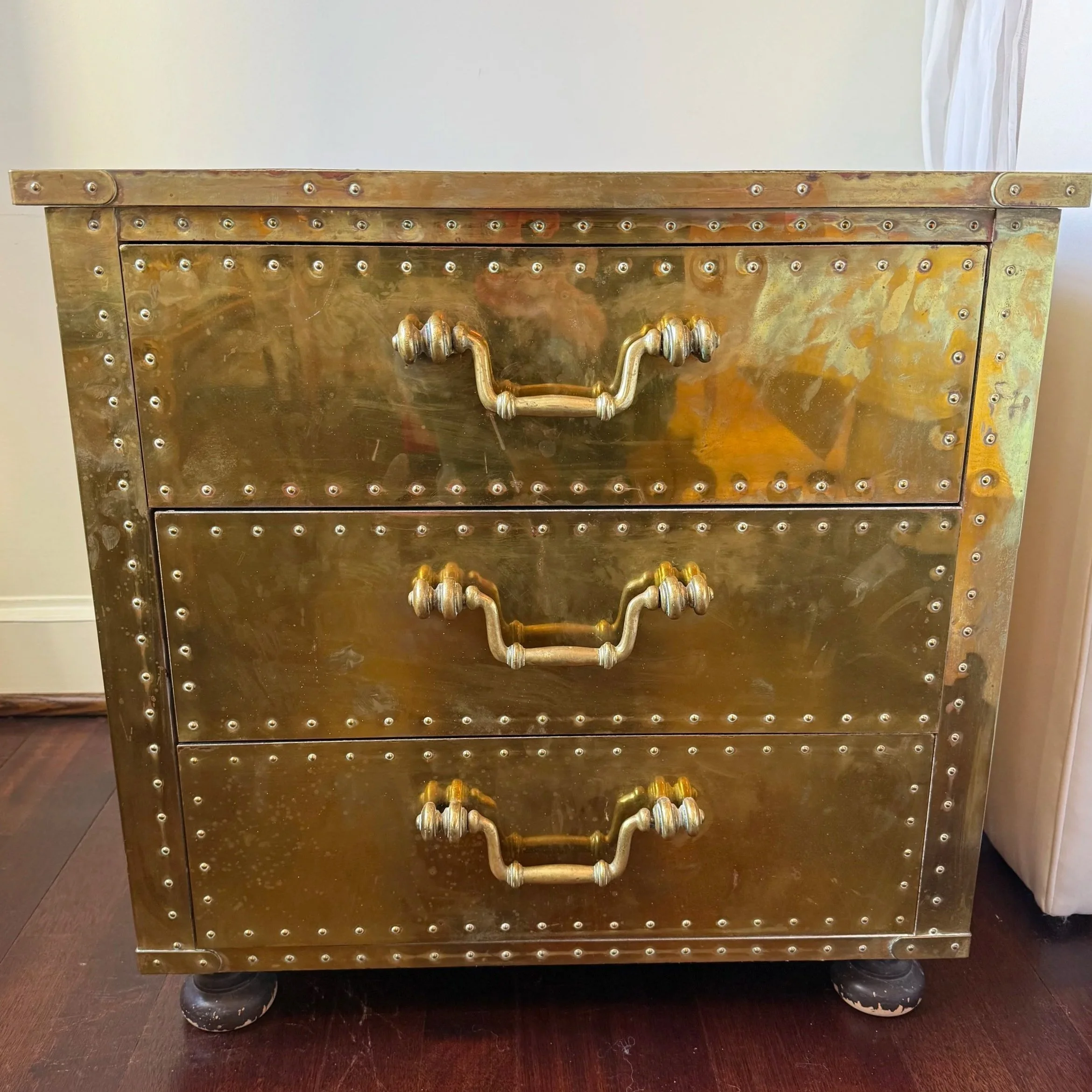 Brass Three Drawer Side Table with Rivets - NASHVILLE