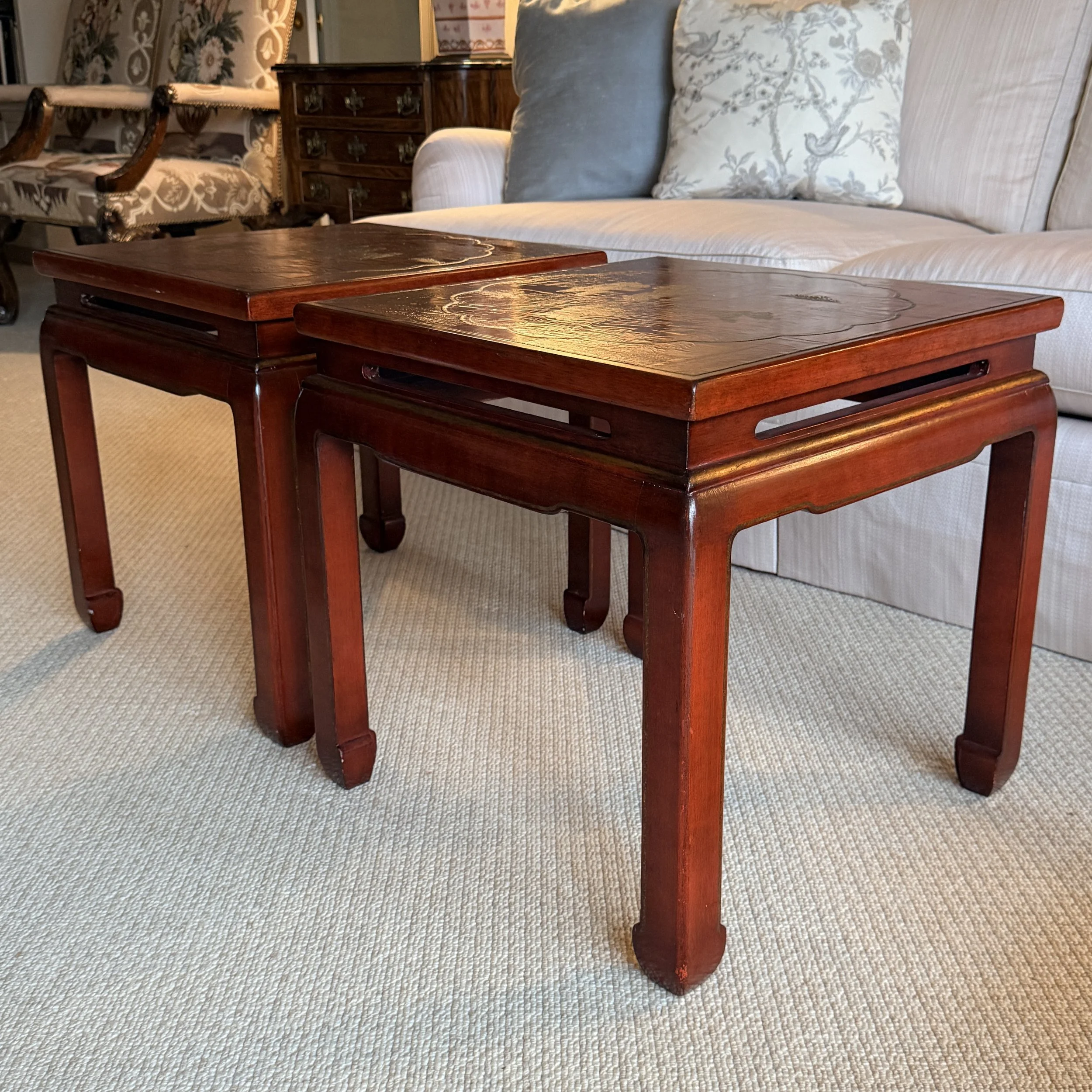 Pair Red Asian Square Tables 