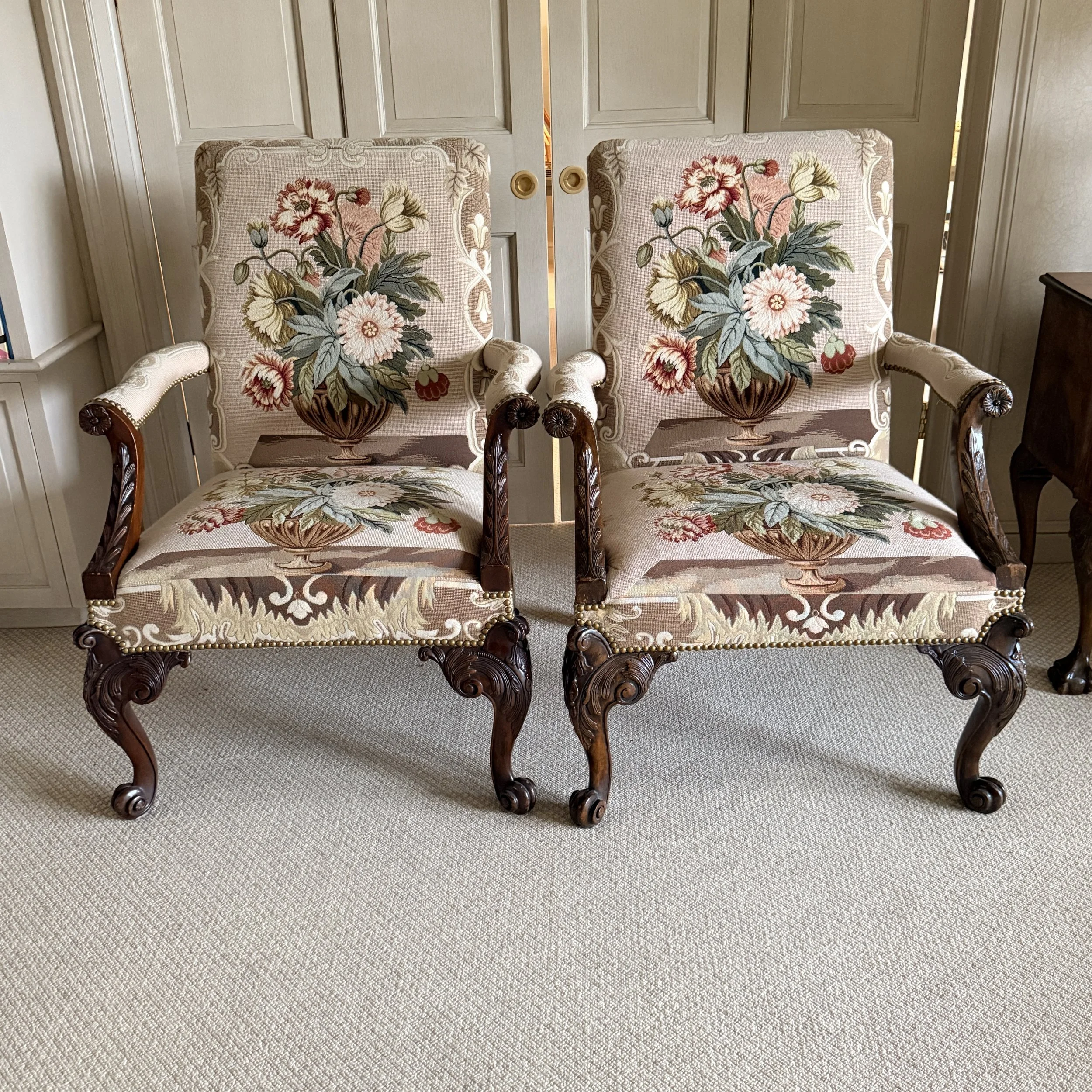 PAIR Georgian Style Mahogany Needlepoint Chairs