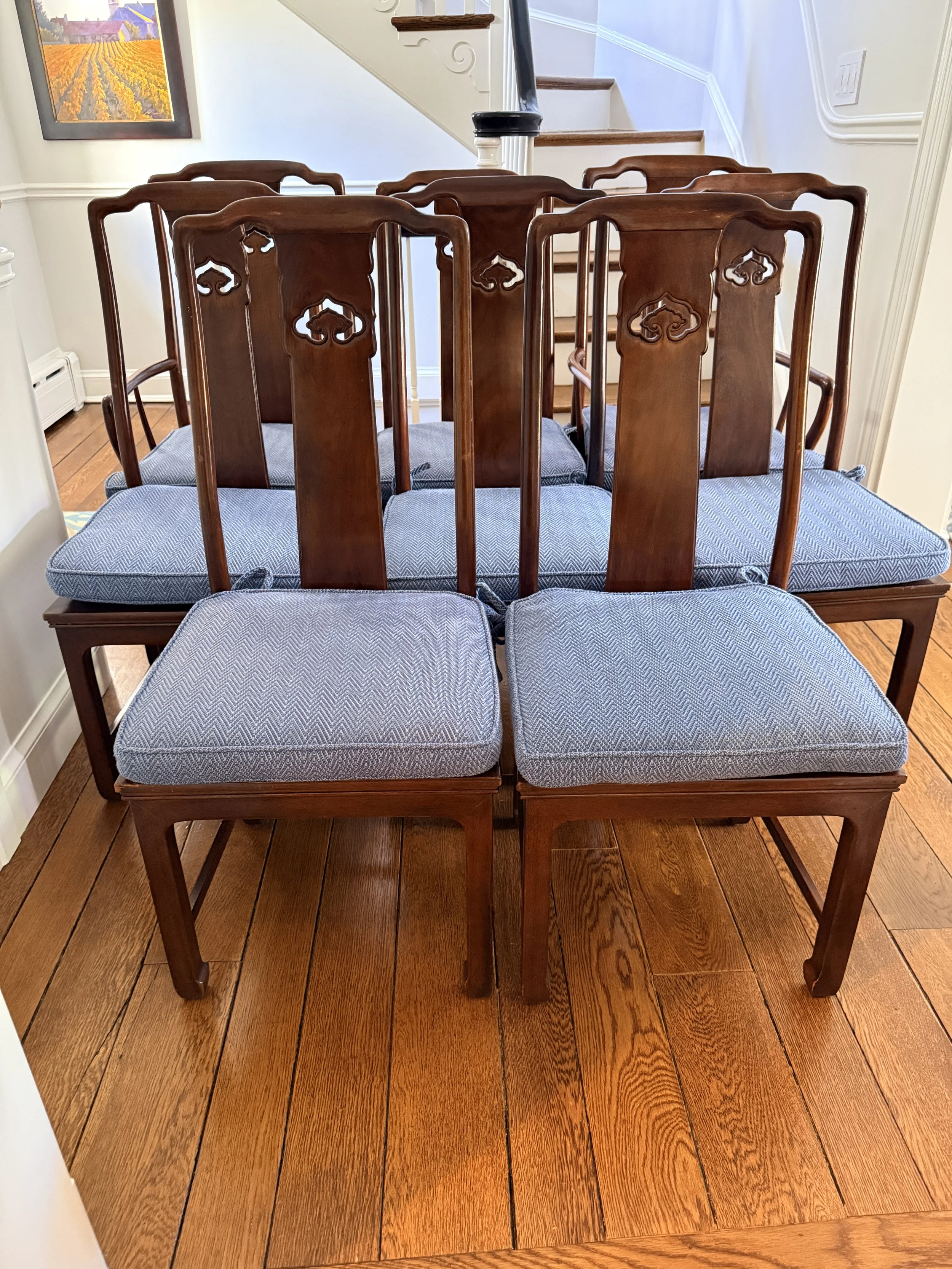Set of 8 Rosewood Chinoserie Dining Chairs with Blue Seats
