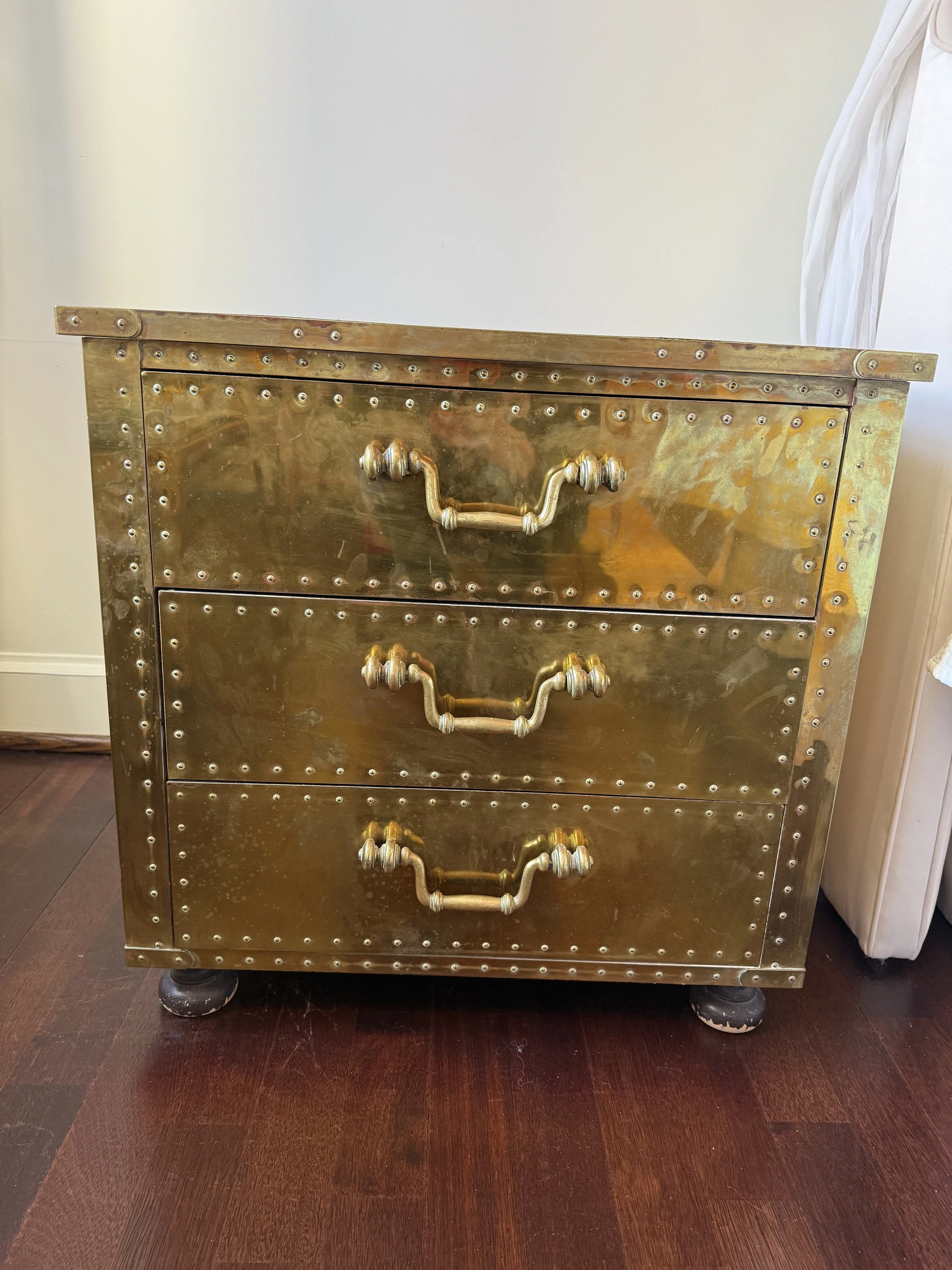 Brass Three Drawer Side Table with Rivets - NASHVILLE