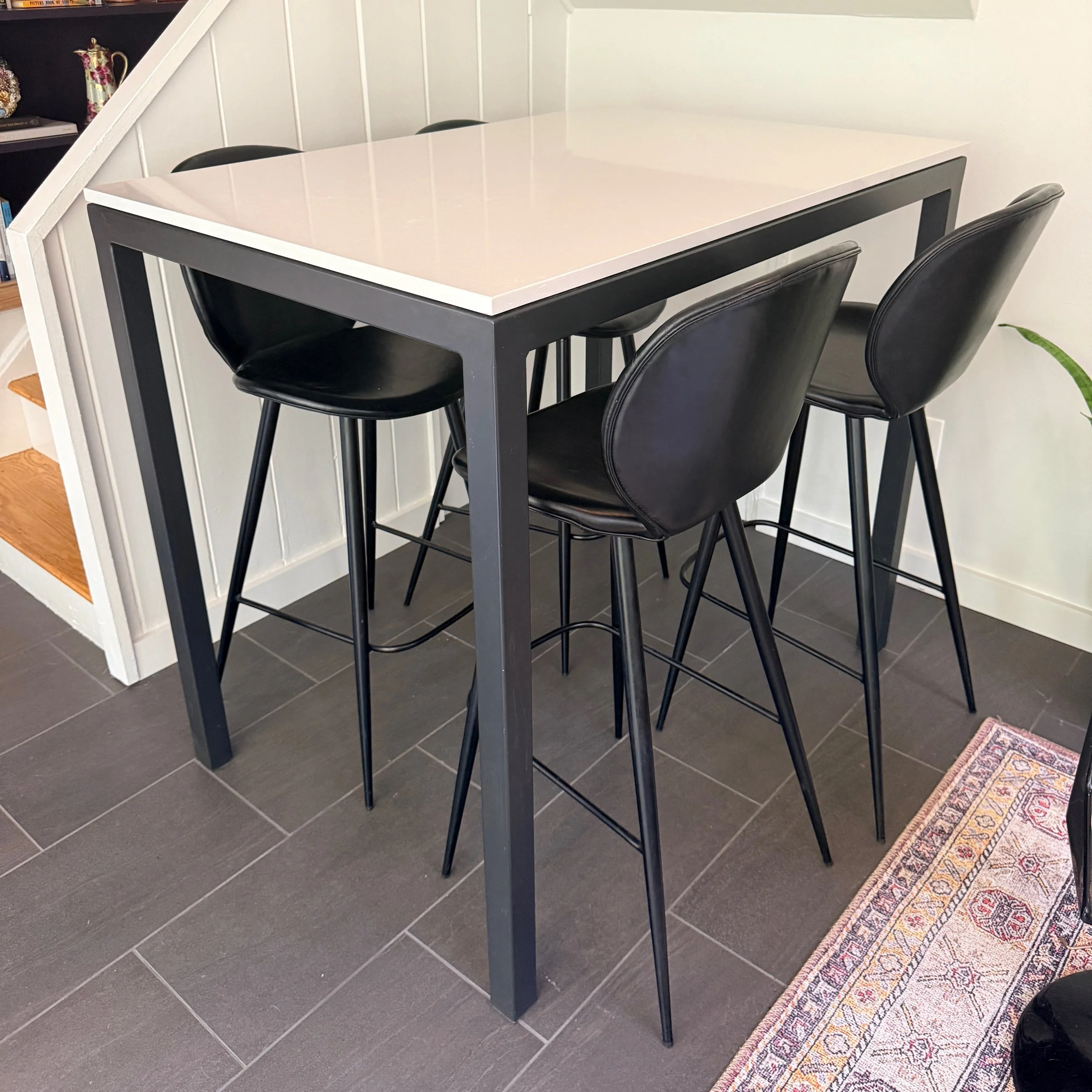 Tall Room & Board Parsons Table with 4 Leather Bar Stools