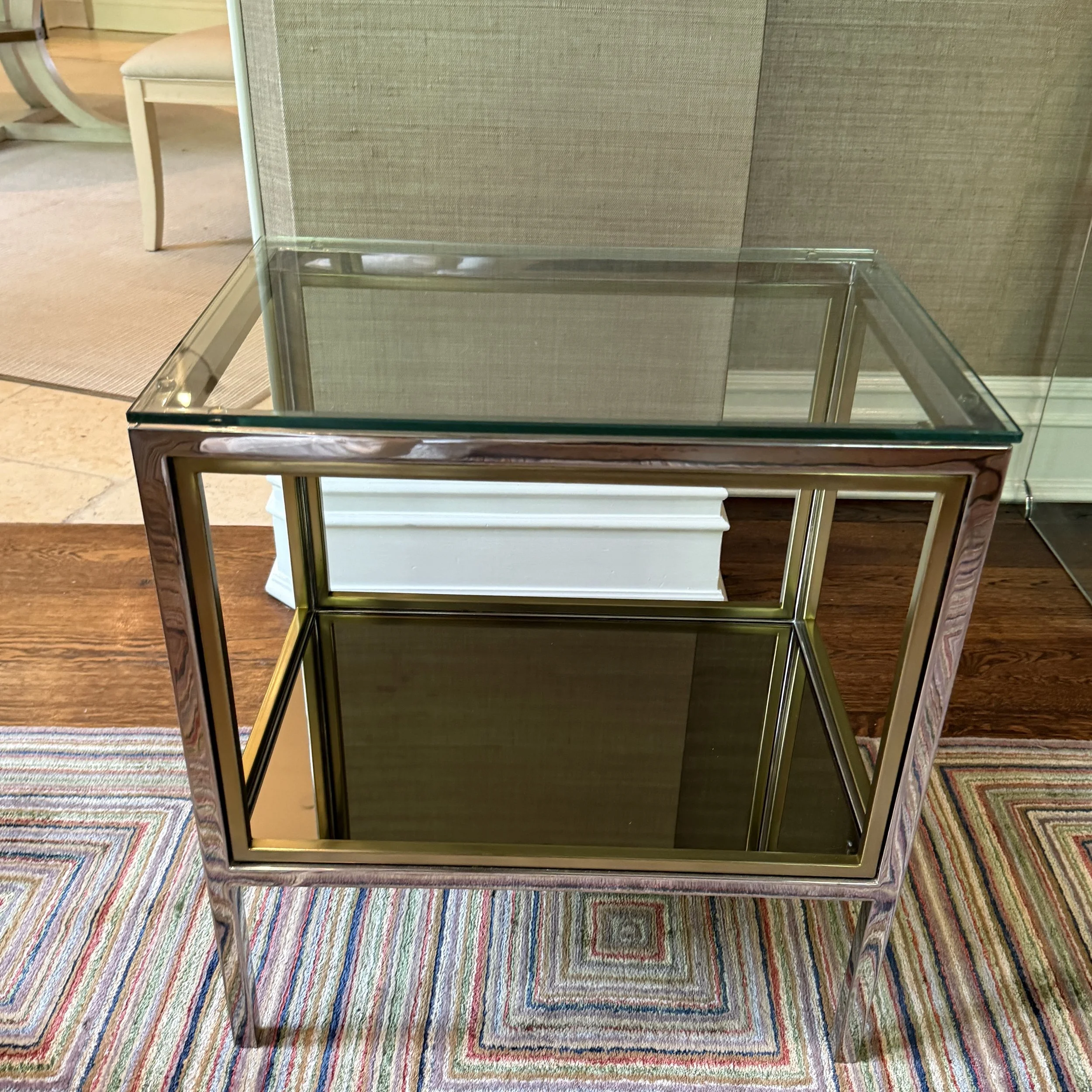 Two Tier Windmill Side Table in Chrome and Gold