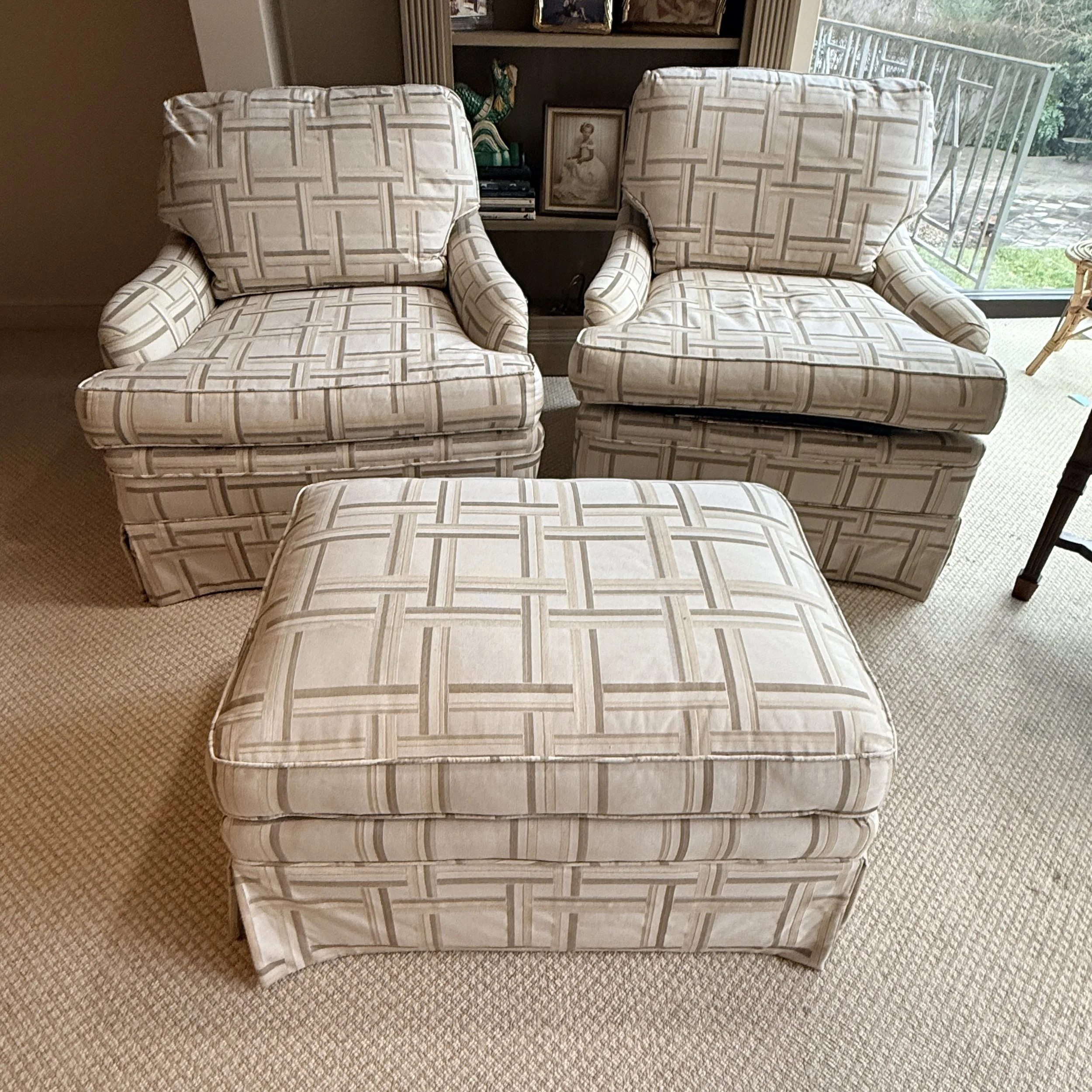Pair of Down Filled Club Chairs and Ottoman