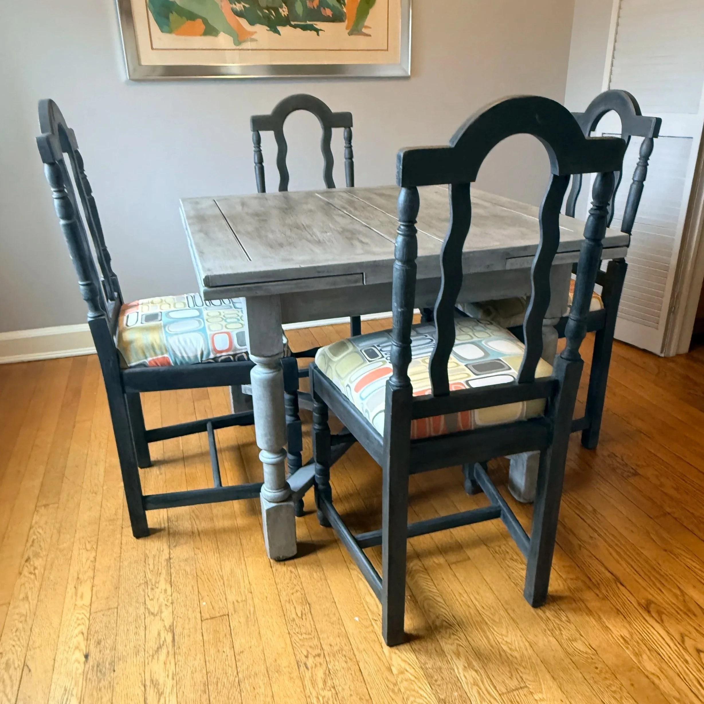 Antique English Oak Draw Leaf Chalk Painted Table and 4 Chairs