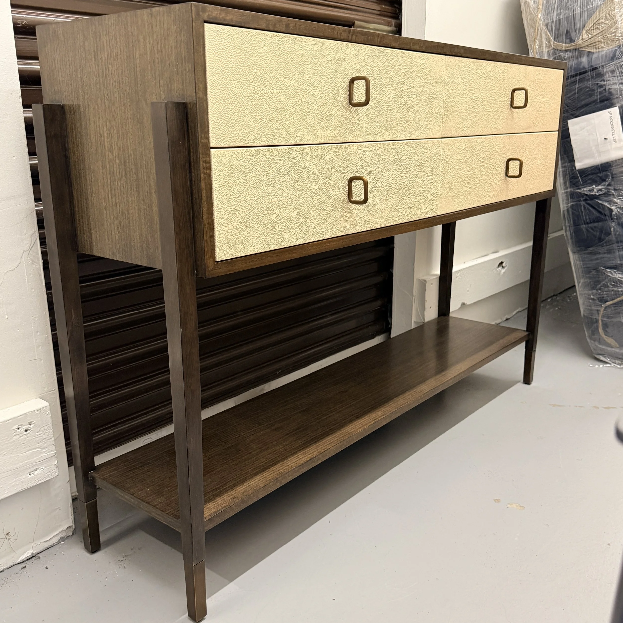 Arteriors Nora Console — Eucalyptus, Ivory Leather & Brass