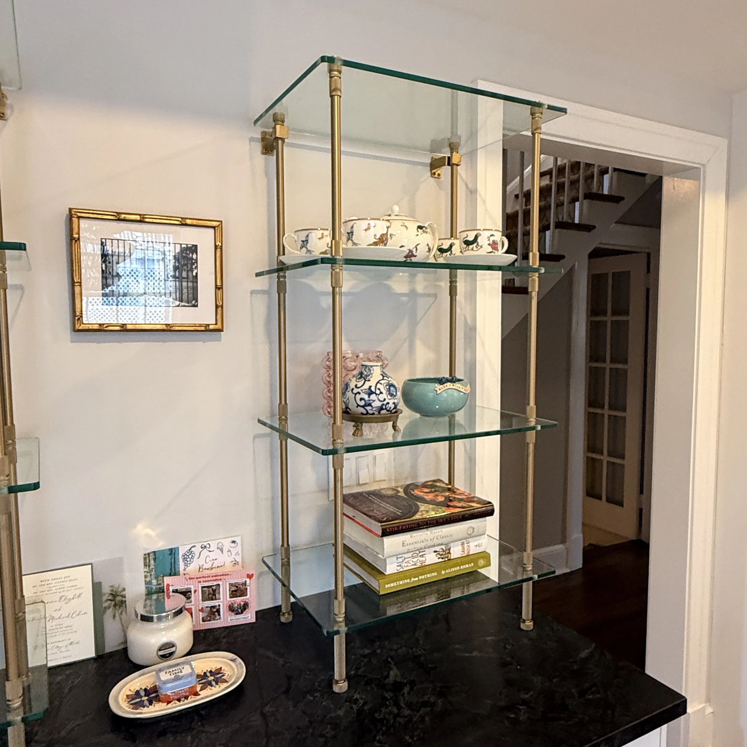 Brass & Glass Bistro Shelves—two available