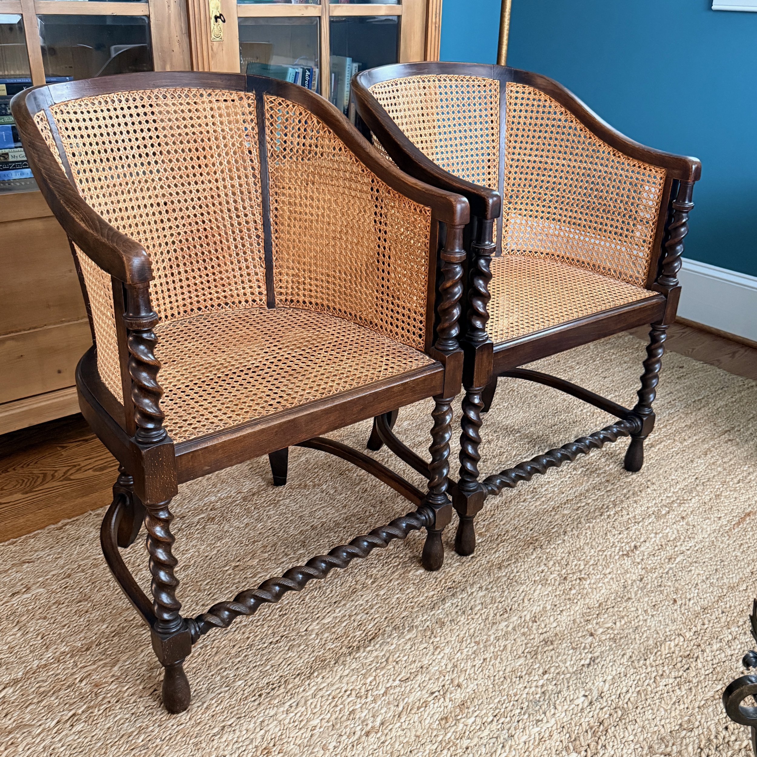 Pair of Antique Caned Barrel Chairs