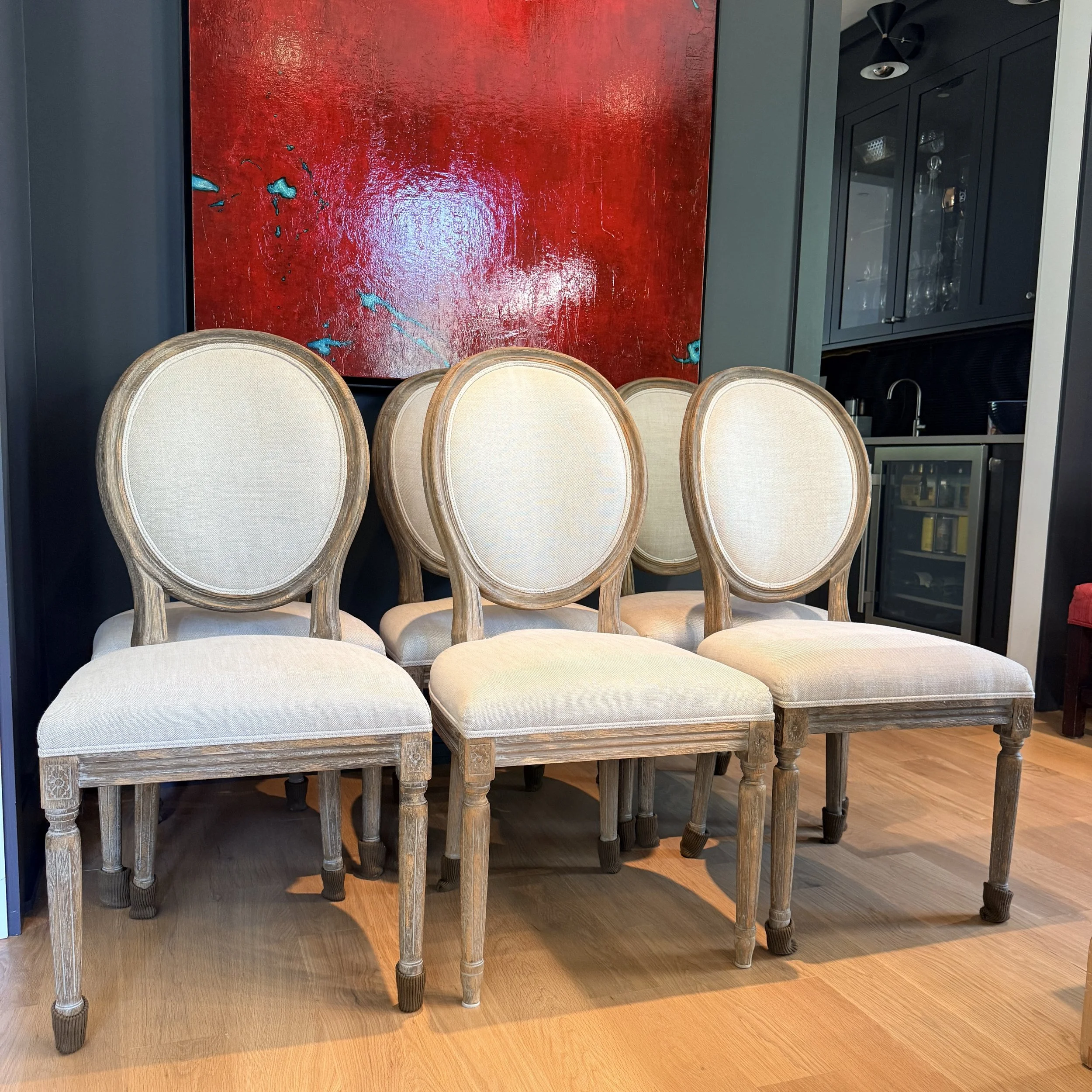Set of 6 Restoration Hardware French Round Linen Dining Chairs
