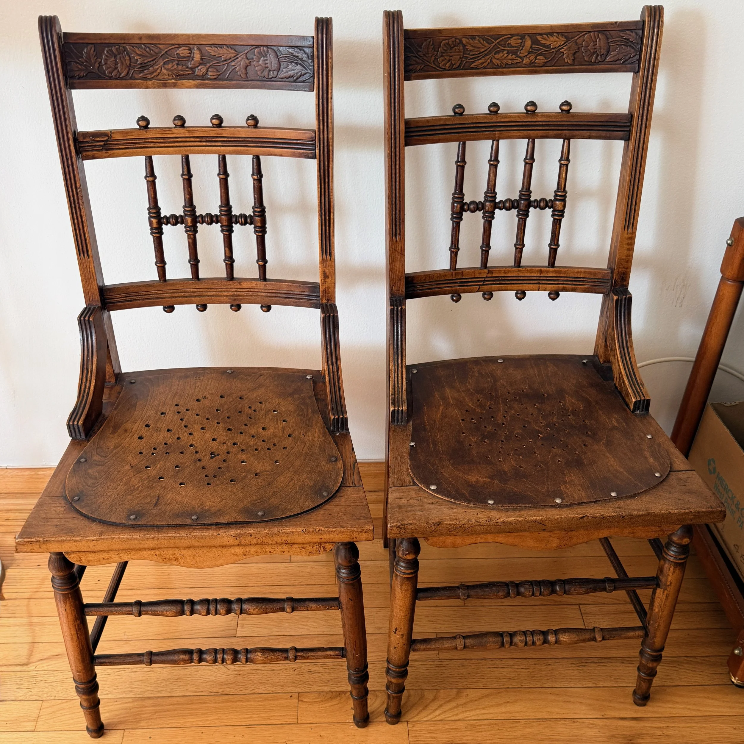 Pair Pressed Back Chairs with Leather Seats