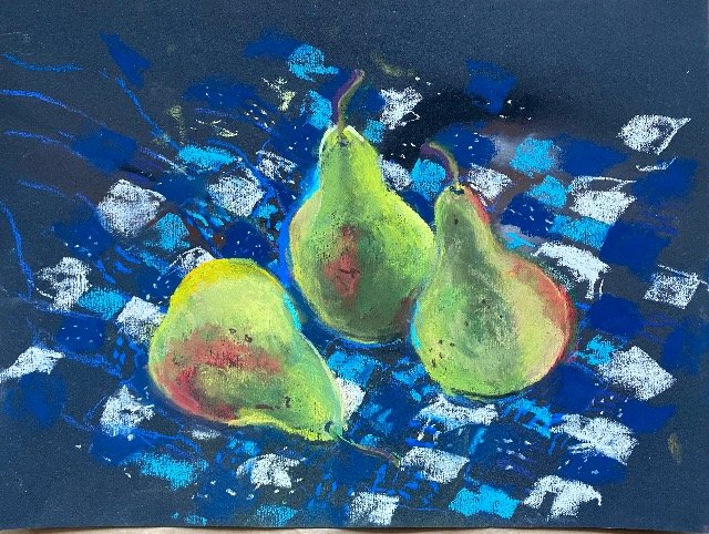 Three Pears on Checkered Tablecloth