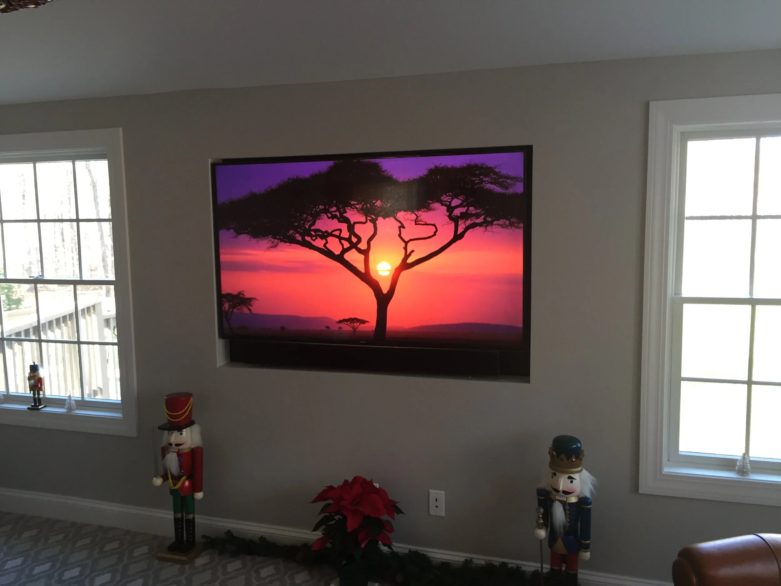 65" TV and 3-Channel soundbar in custom recess (Ridgefield, CT)