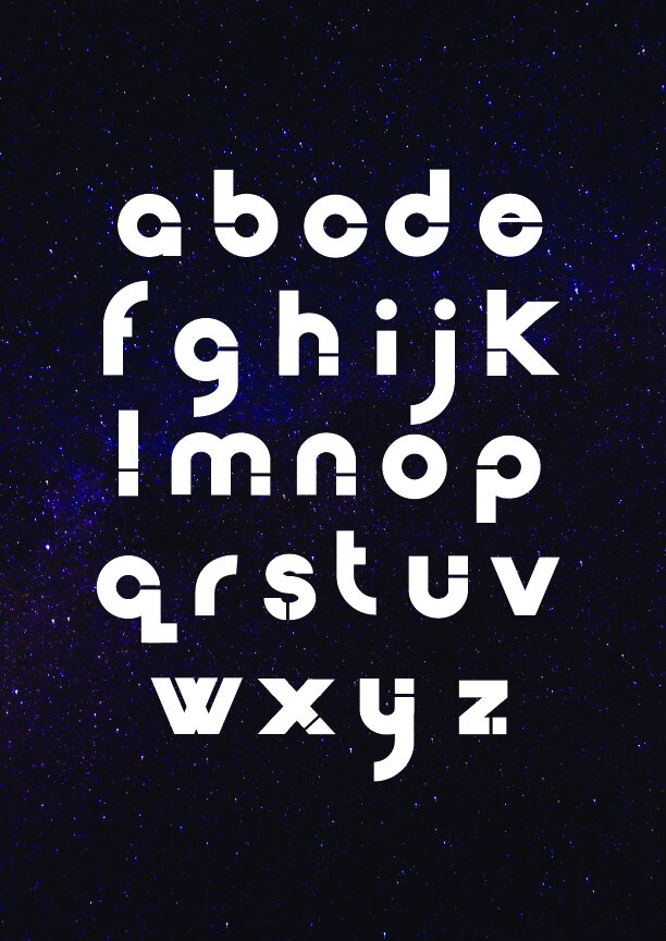 The individual characters are designed to include cut outs, and some characters are intentionally missing stems or cross bars. This is because I wanted to design a typeface that feels complete without being entirely complete.