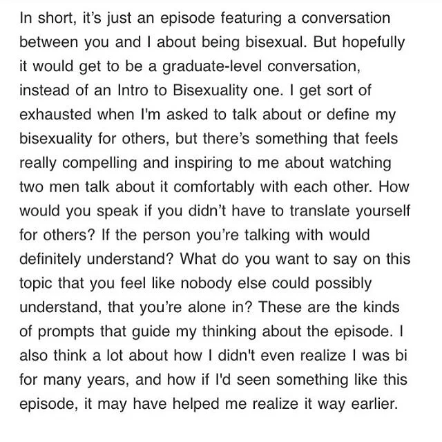 Excerpt from my initial email about today&rsquo;s episode of @feelsshow&rsquo;s to @davidjayokay, creator of @bi_thewebseries and collaborator on the upcoming doc  @nohomonohetero. We very rarely just bring someone on to read lines from a script. Ins
