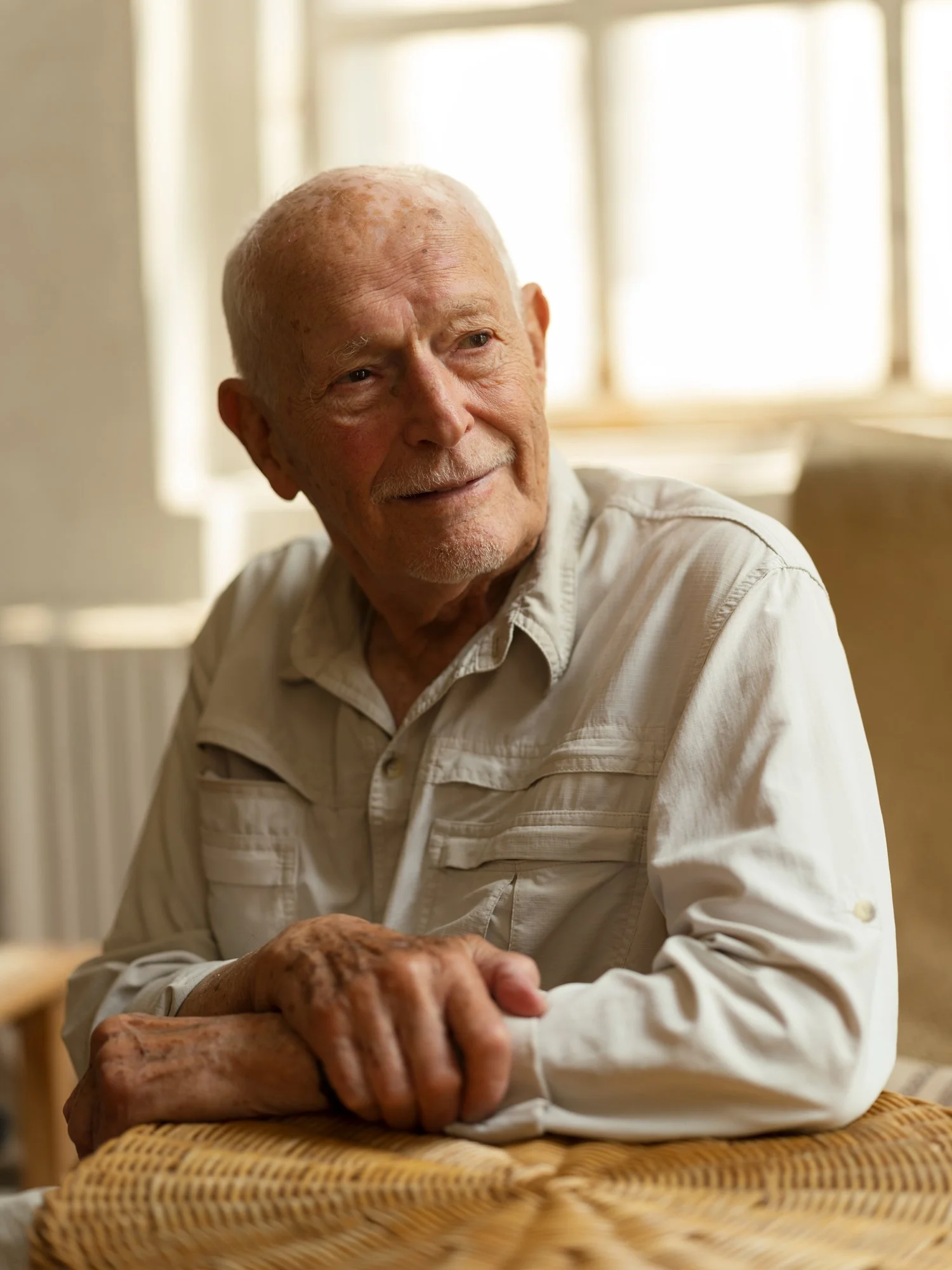 Edward Field photographed at age 101 in his home at Westbeth Artist Community, where he's lived for 53 years. New York City, July 2025