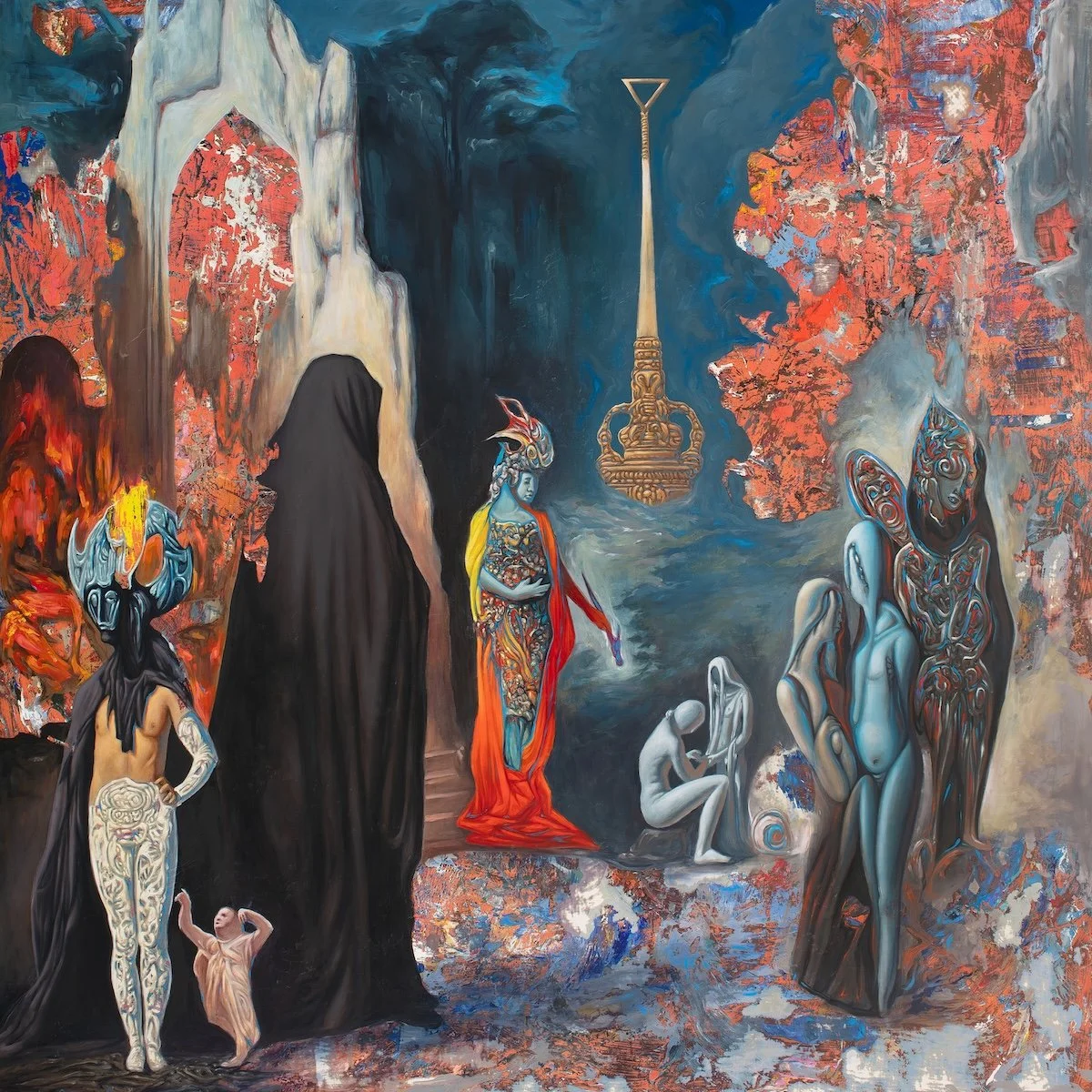 A surreal painting featuring humanoid figures with intricate, abstract designs. Some figures have animal or mythological features and are set against a dark, cavernous background with fiery, rocky textures and a distant golden ornament hanging.
