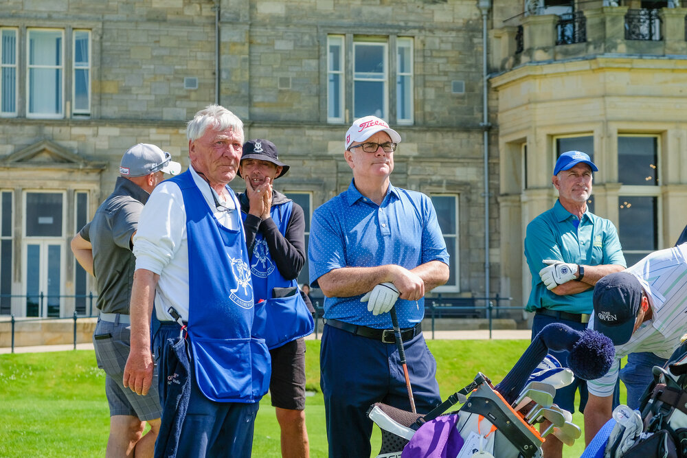  July 2019 - David with Randy Farless. A bit intense waiting to hit drives on #1 at the Old Course at St. Andrews. 