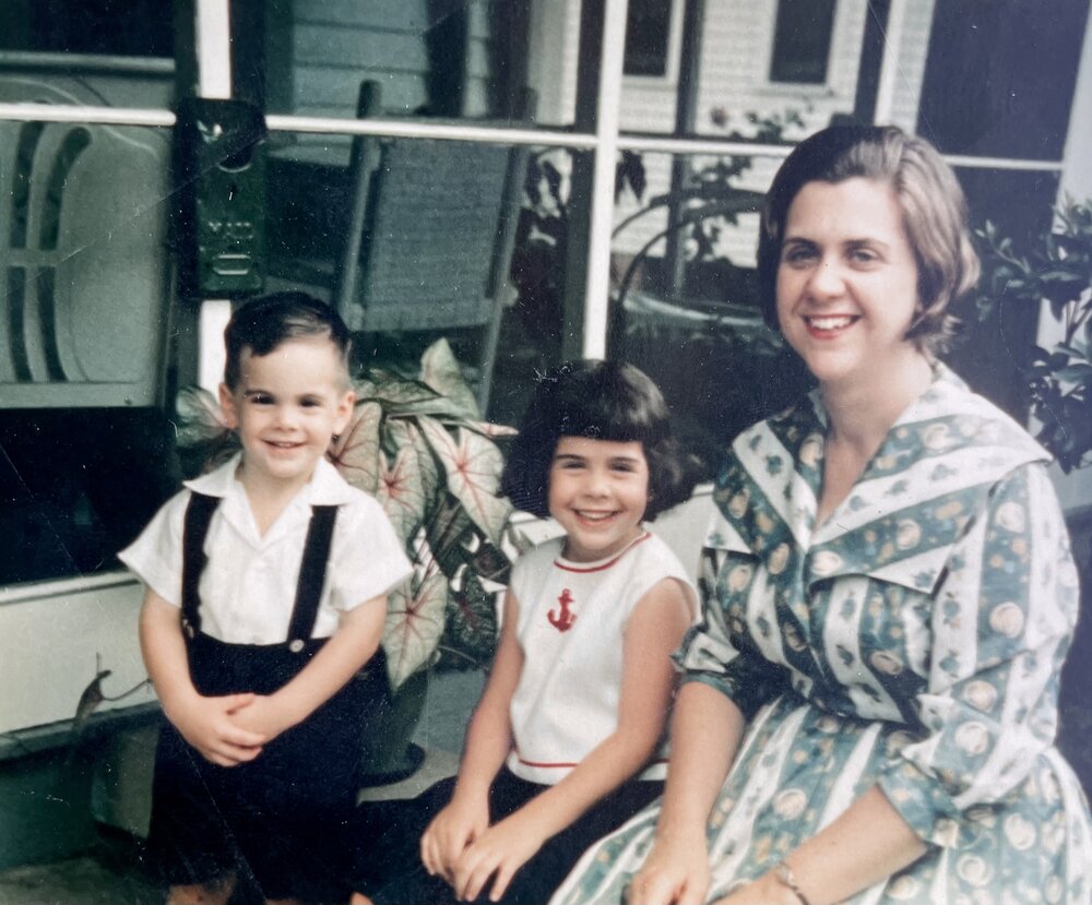  David, his sister, Suzanne, and his mother, Mary Ann Rodemacher Lavergne on the steps of his Rodemacher grandparents home in Lafayette, Louisiana. 