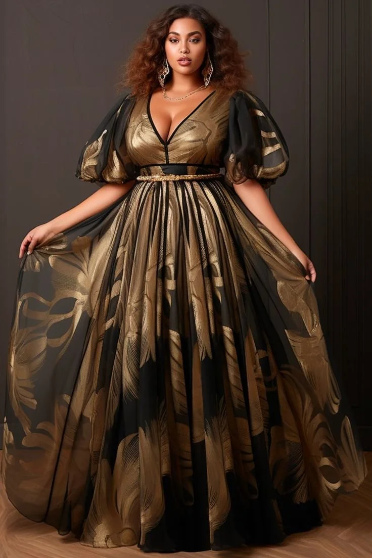 Xpluswear Design Plus Size Formal Gold V Neck Puff Sleeve Tulle Maxi Dresses.jpg
