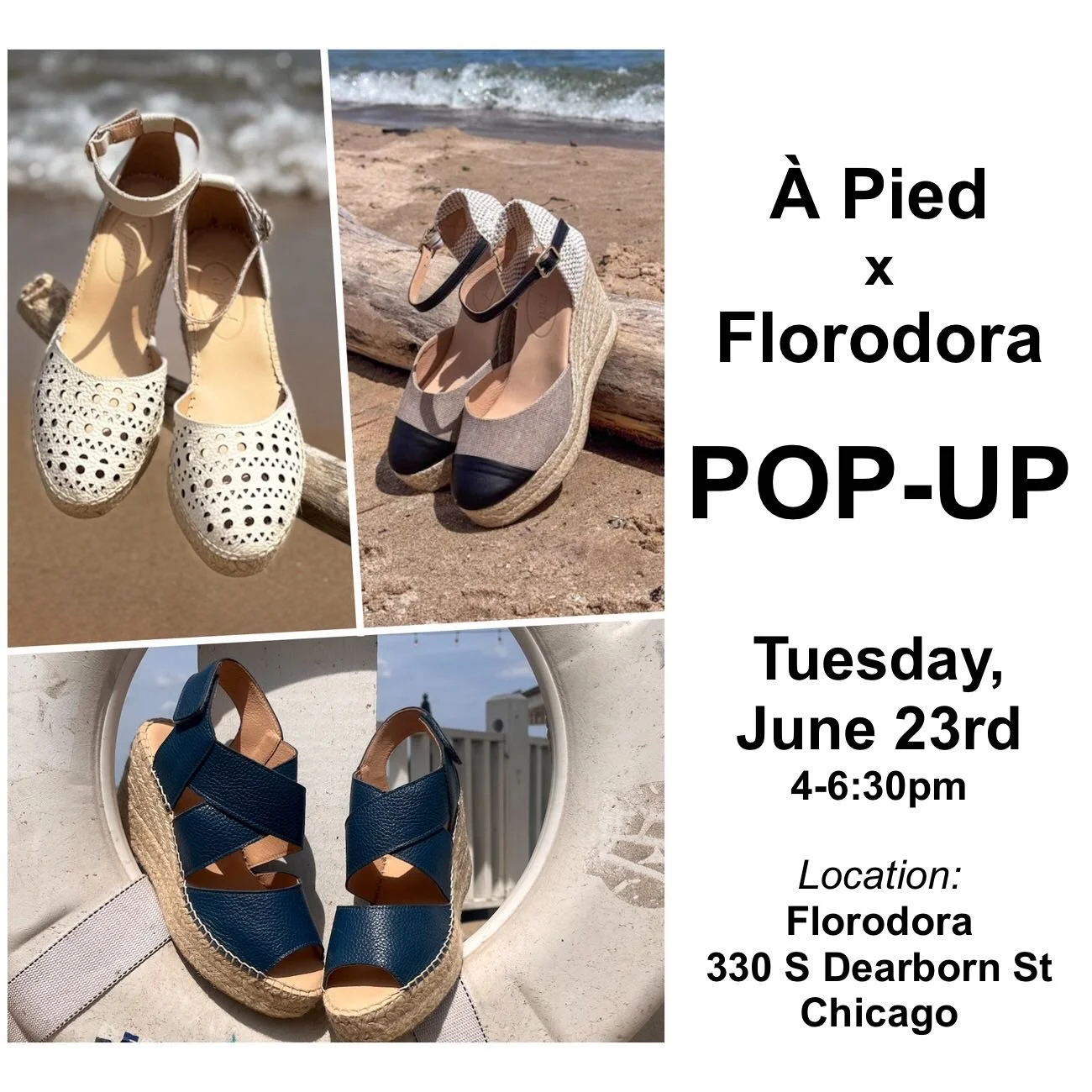Check out the new espadrilles from @apiedshoeboutique at our POP-UP this Tuesday! Have an after-work sip, meet the designer and try on her authentic, made-in-Spain espadrilles. See you at Florodora Tuesday 4-6:30!