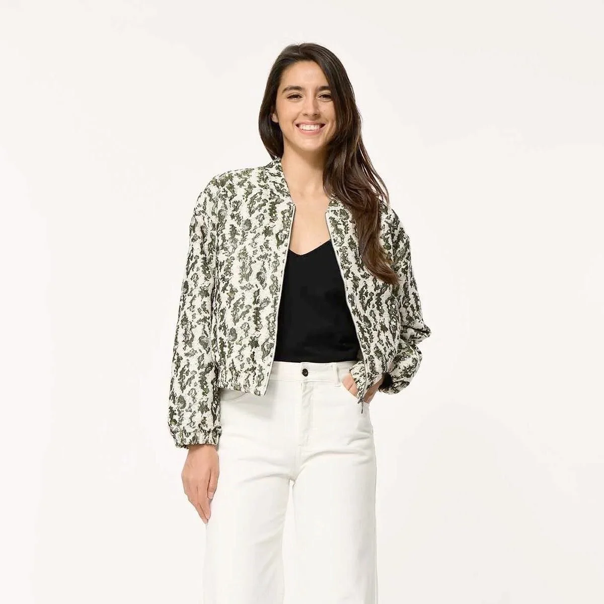 Things you didn&rsquo;t know you needed: Abstract metallic bomber, available at Florodora and online at florodora.com.