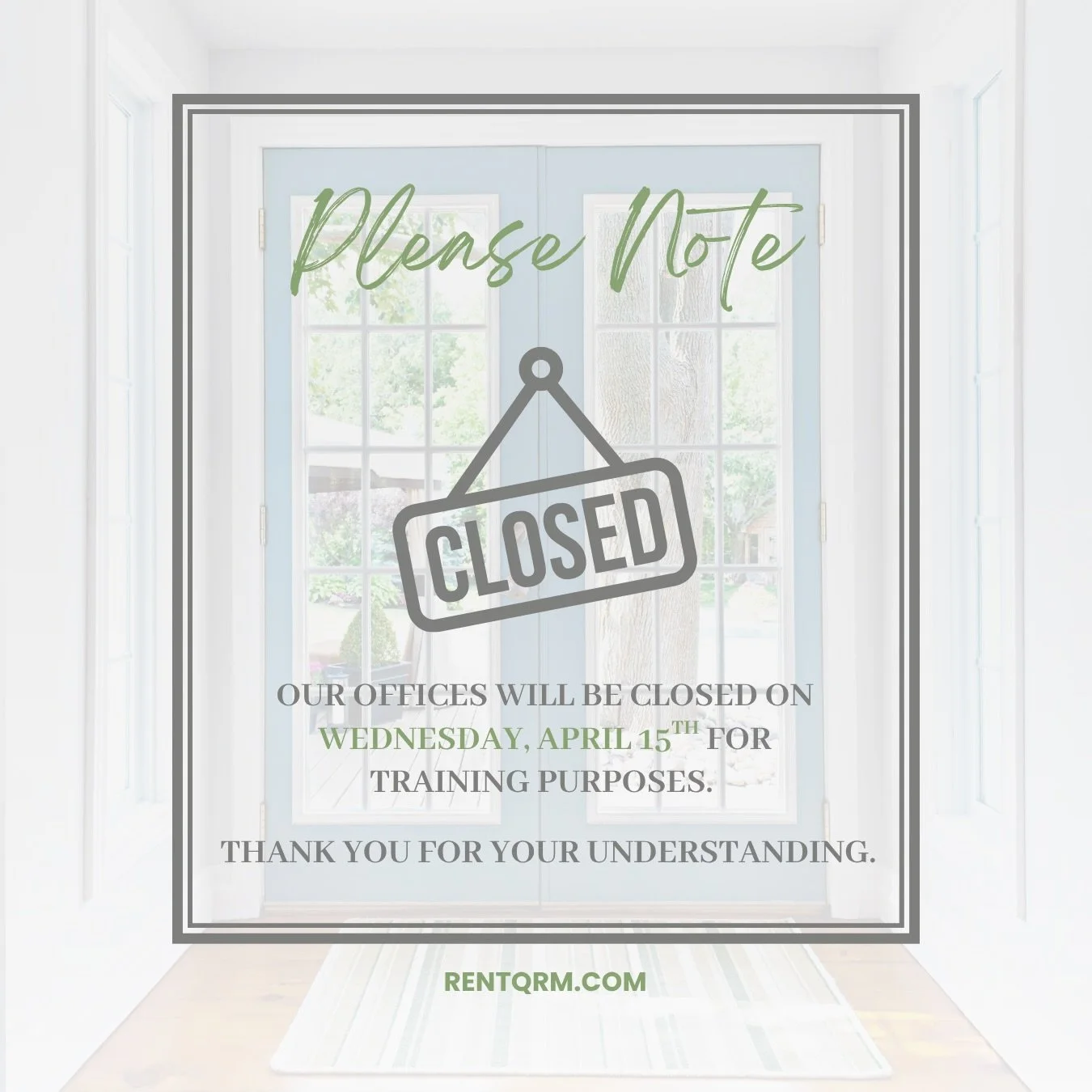Hi current and future residents! Please note that our office will be closed today, Wednesday, April 15th for training. Our regular hours will resume on Thursday, April 16th. We appreciate your understanding!