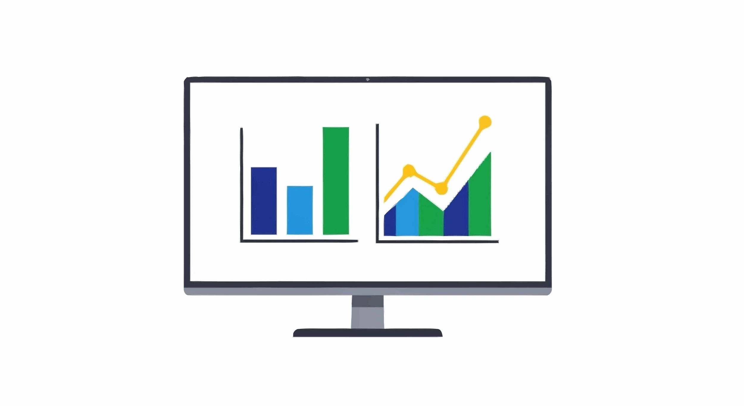 Illustration of a computer monitor with a bar chart on the left and a line graph on the right