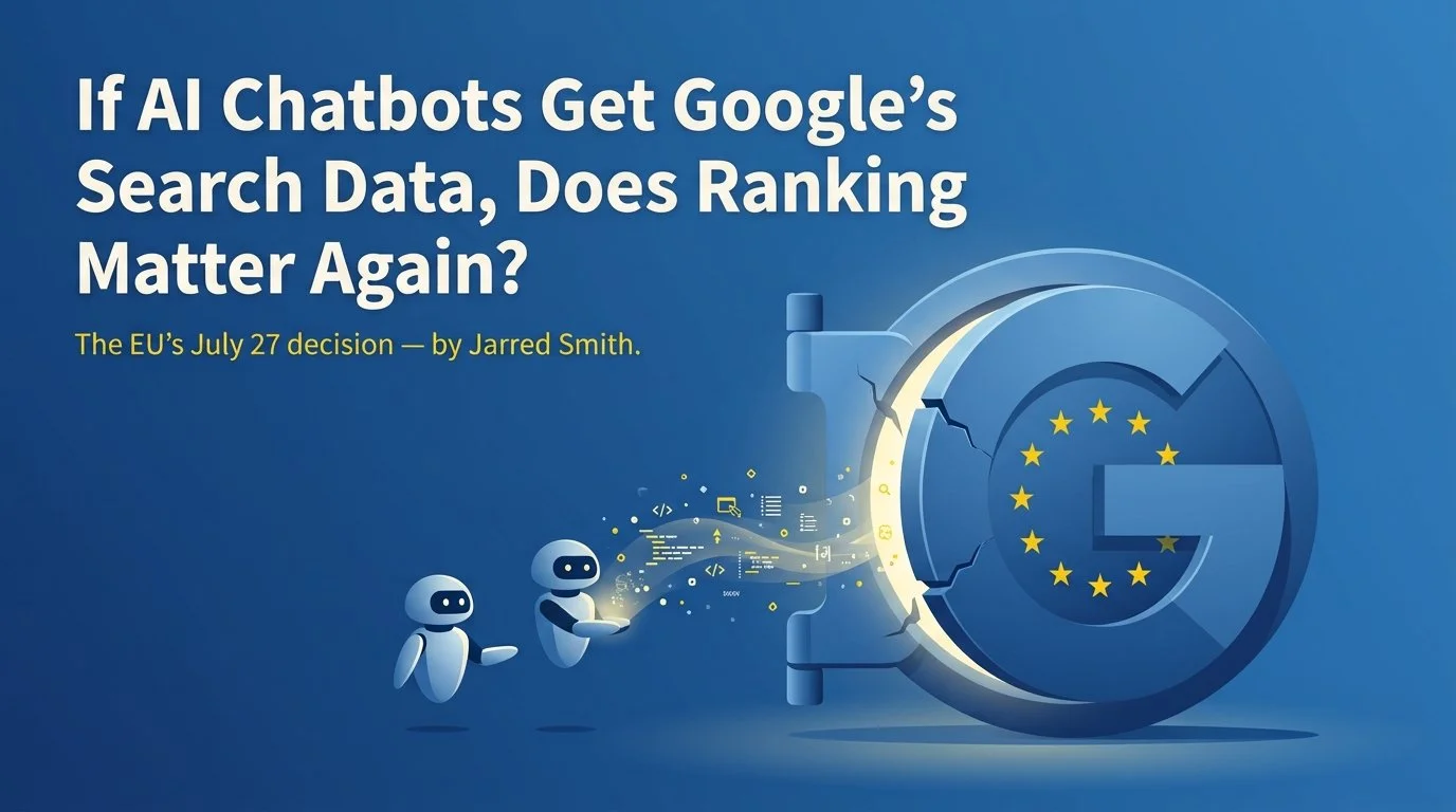 If AI Chatbots Get Google's Search Data, Does Ranking Matter Again - Hero Image - Two Robots with a Vault Door in the shape of the Google Logo