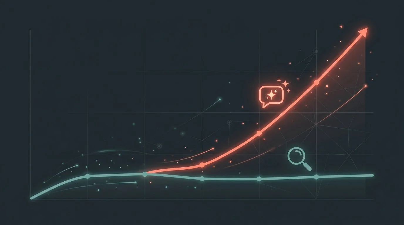 Data lines, one red, one green, showing AI search growth over organic search