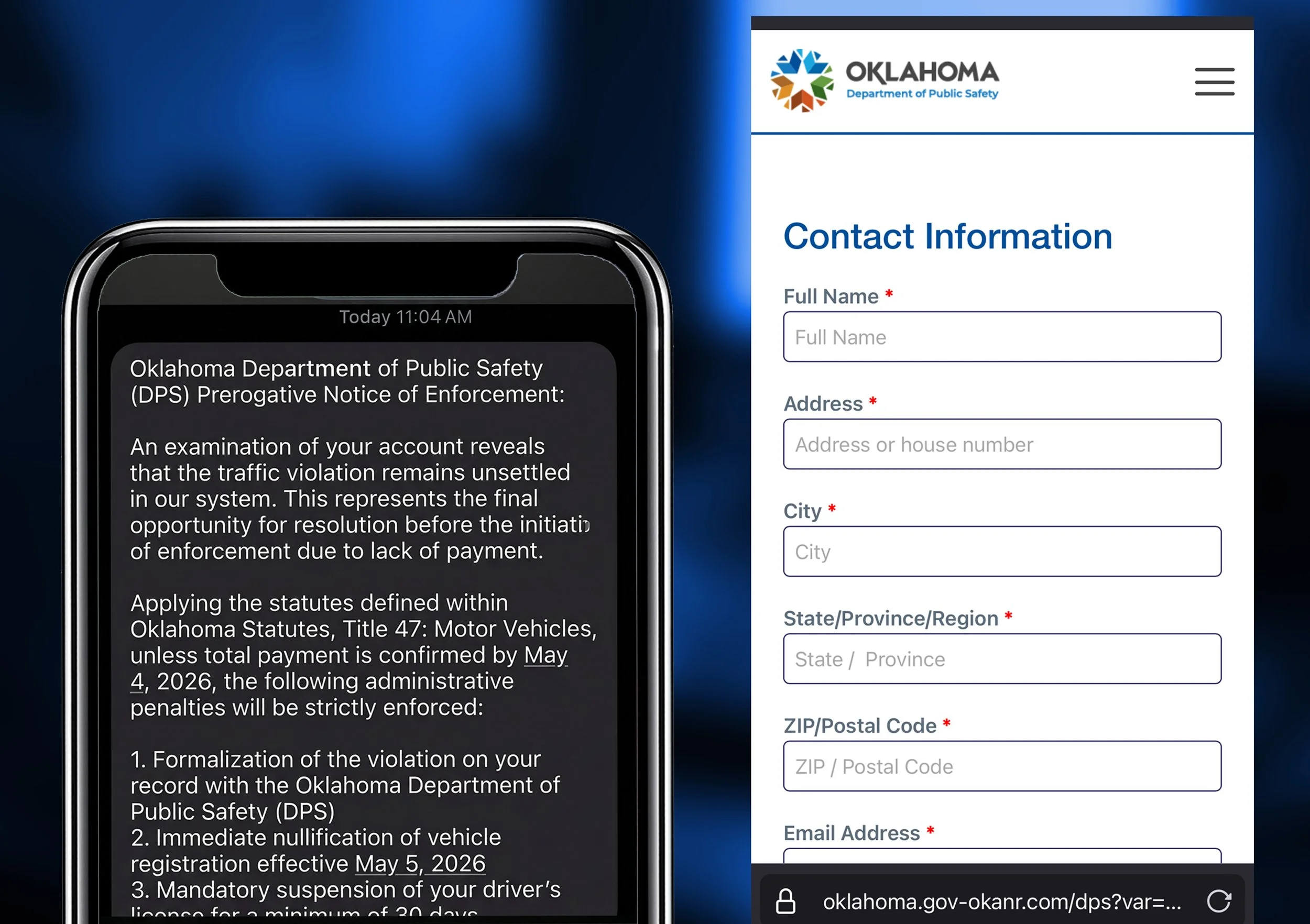 Two screens that show a phishing attack. One on a phone, one just a screenshot