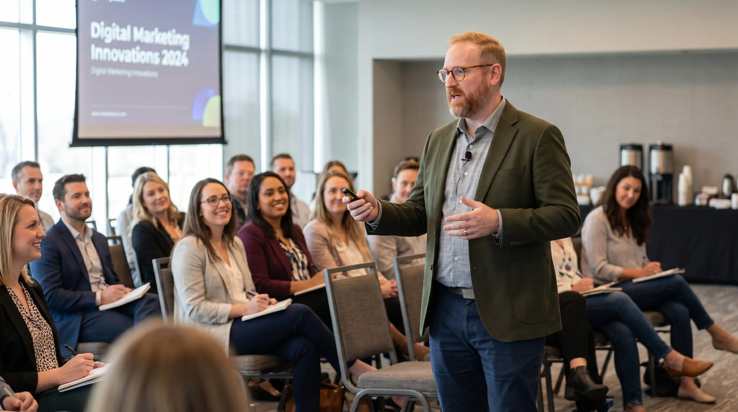 Man leading a workshop to a room of professionals