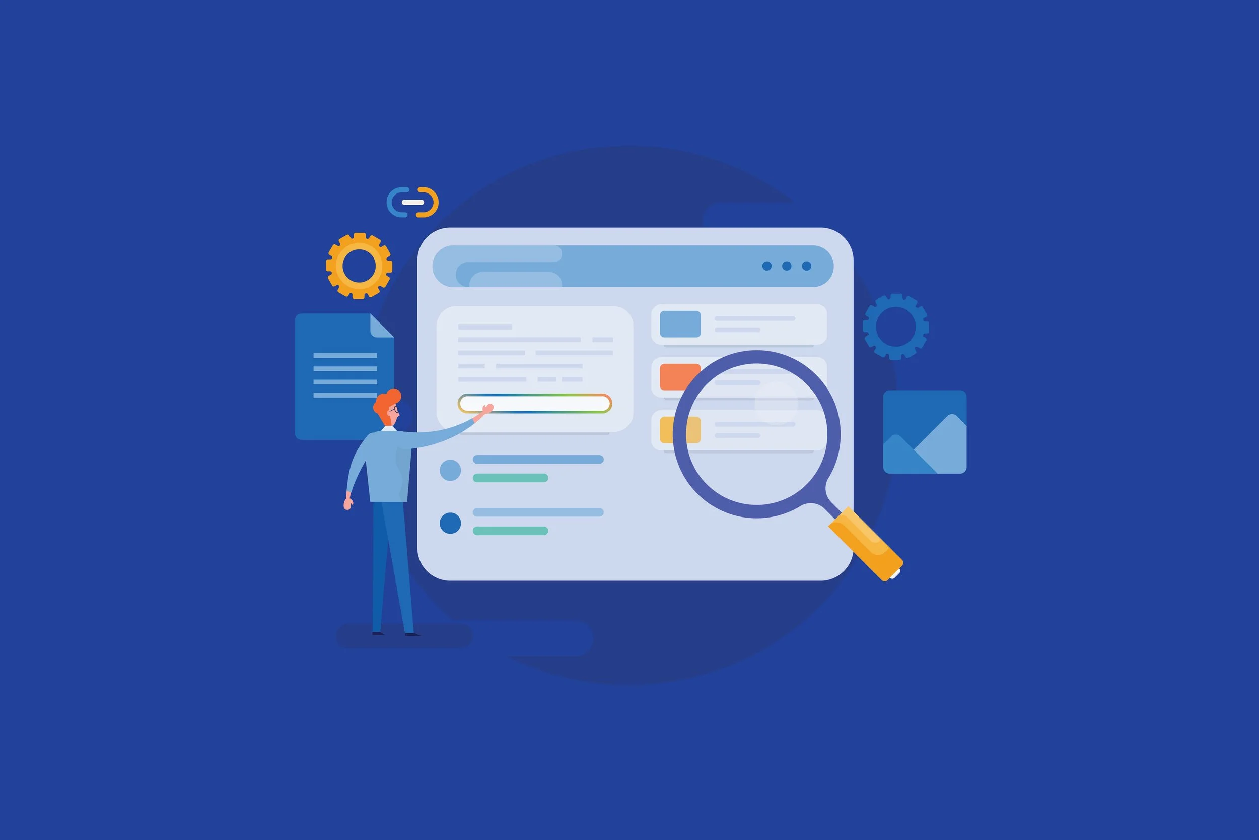 An illustration of a man viewing a search engine dashboard