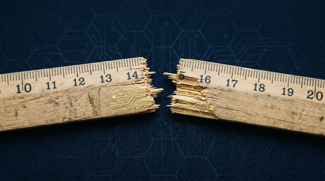 A wooden ruler that's been physically broken or cut short, photographed on a neutral background.