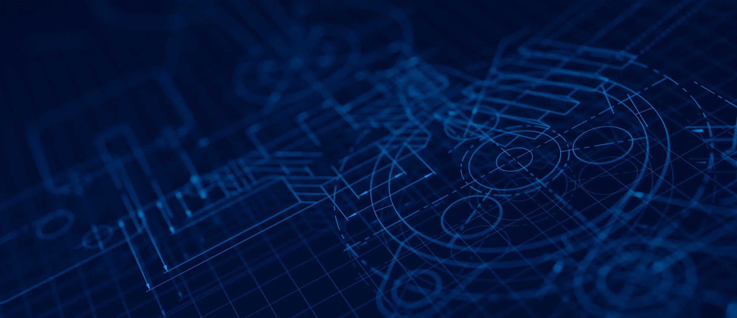 Abstract digital blueprint. Light blue lines and circles on a dark blue grid pattern. Deep depth of field.