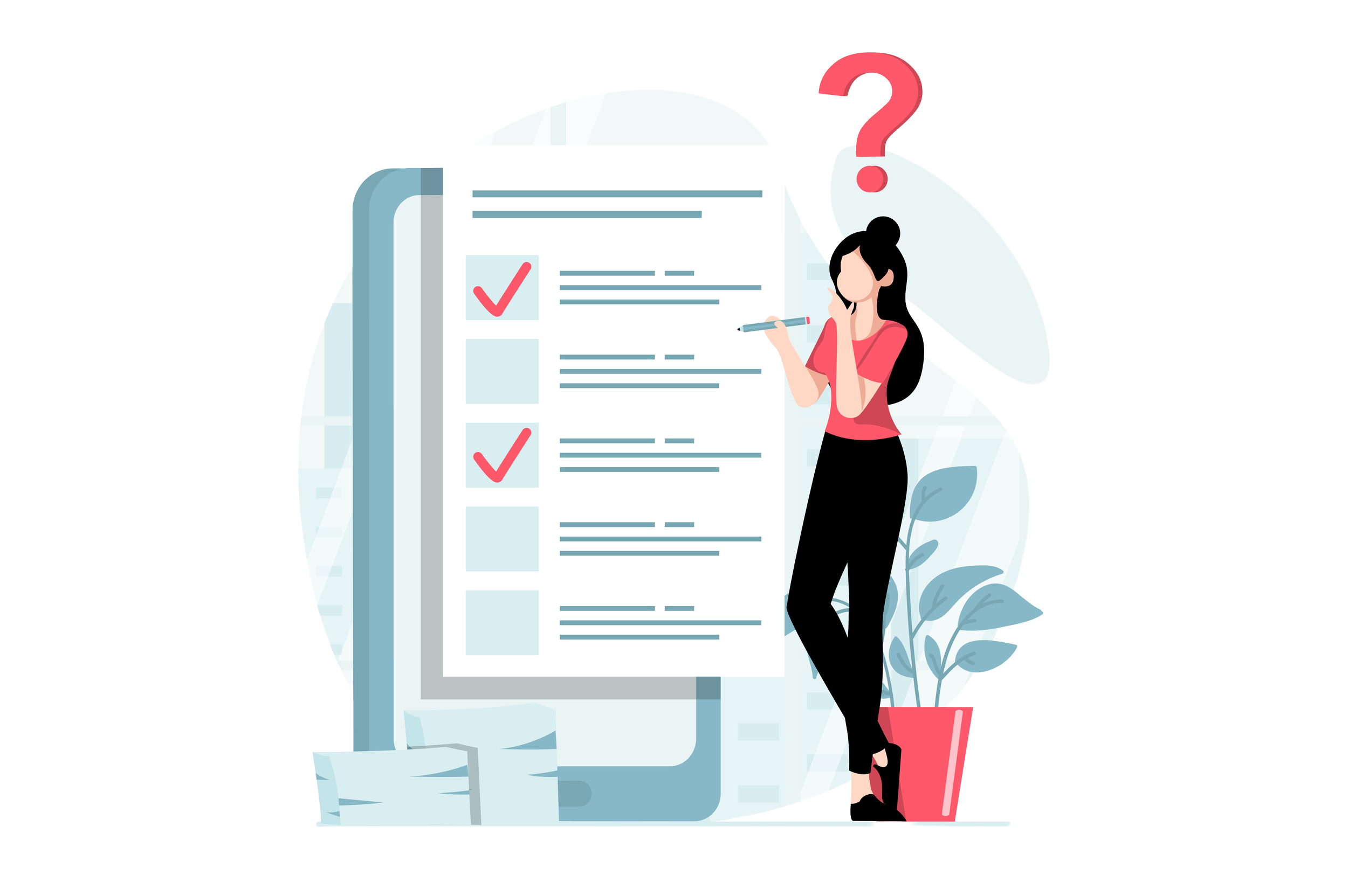 Illustration of a woman looking at a list of questions with a large question mark over her head
