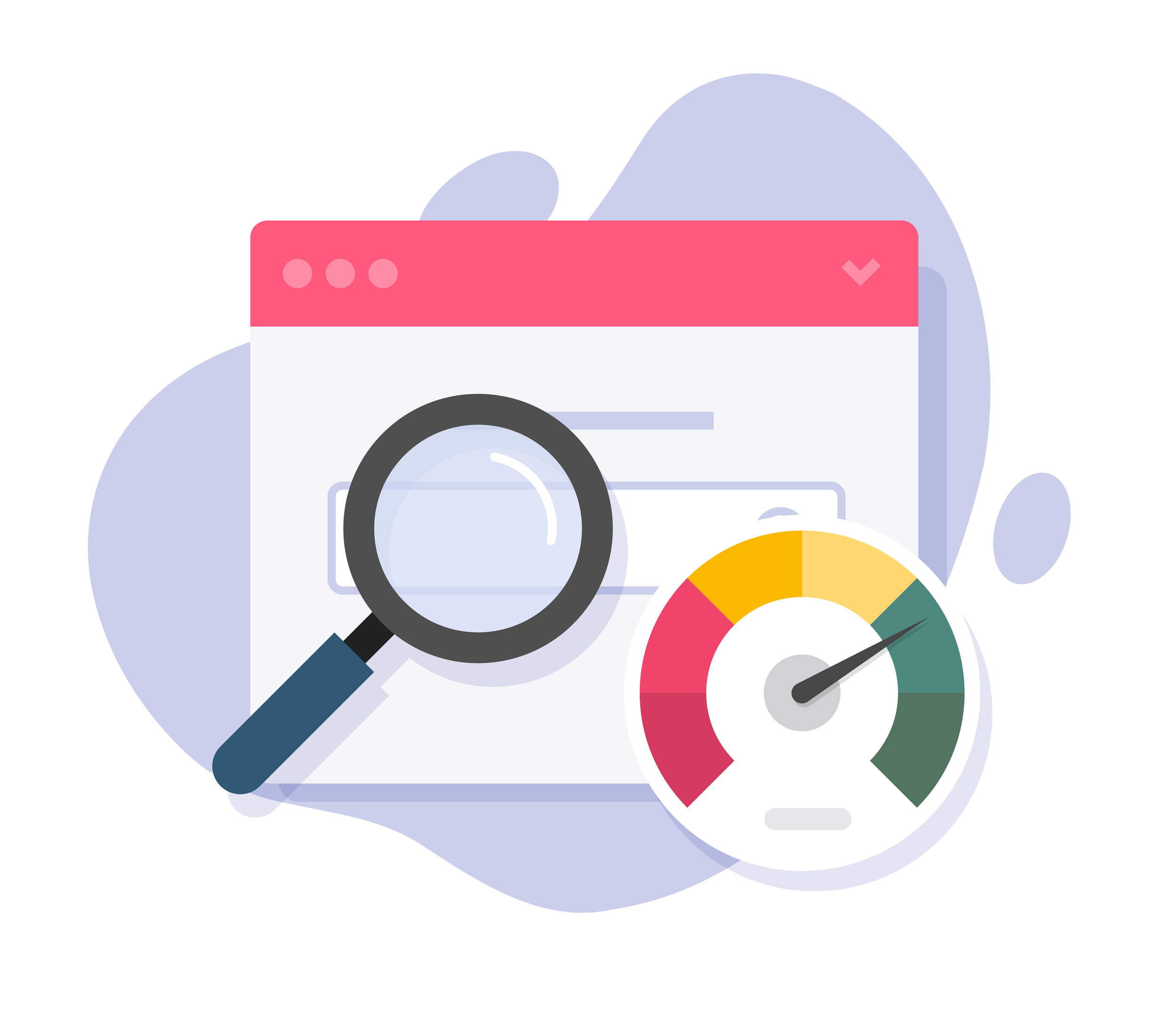 Illustration of a magnifying glass and a gauge on top of a web search engine