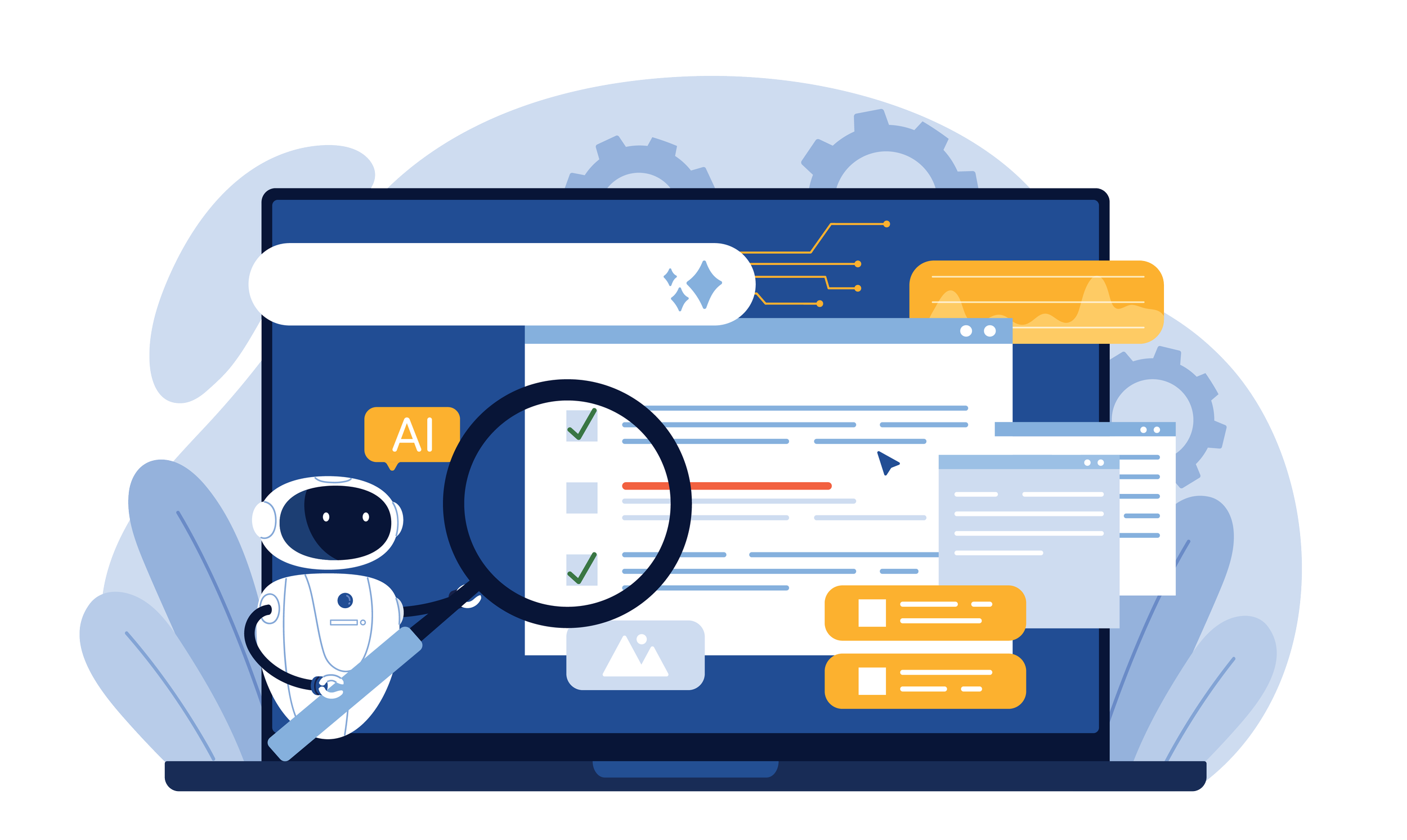 Illustration of a laptop with a magnifying glass