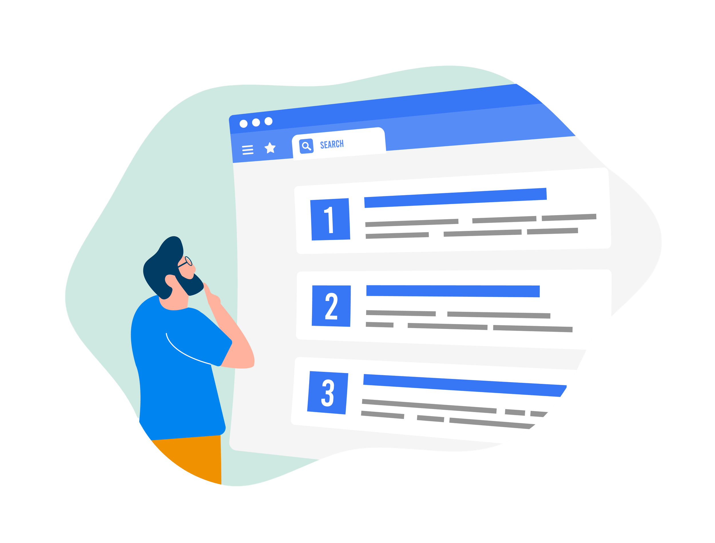 An illustration of a man looking at a list of search results