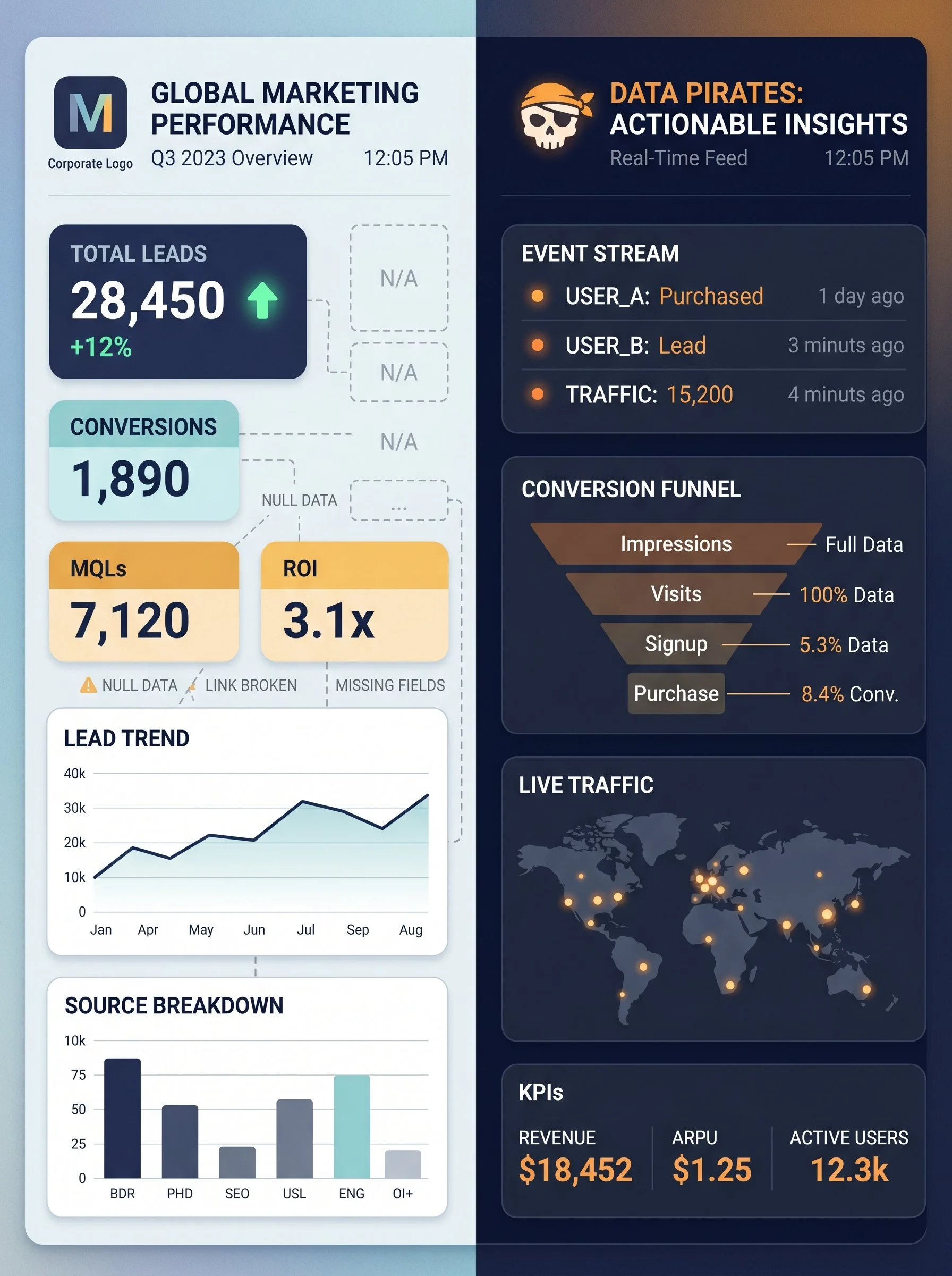 Two marketing dashboards - one for a legitimate company, and one that shows a bad actor