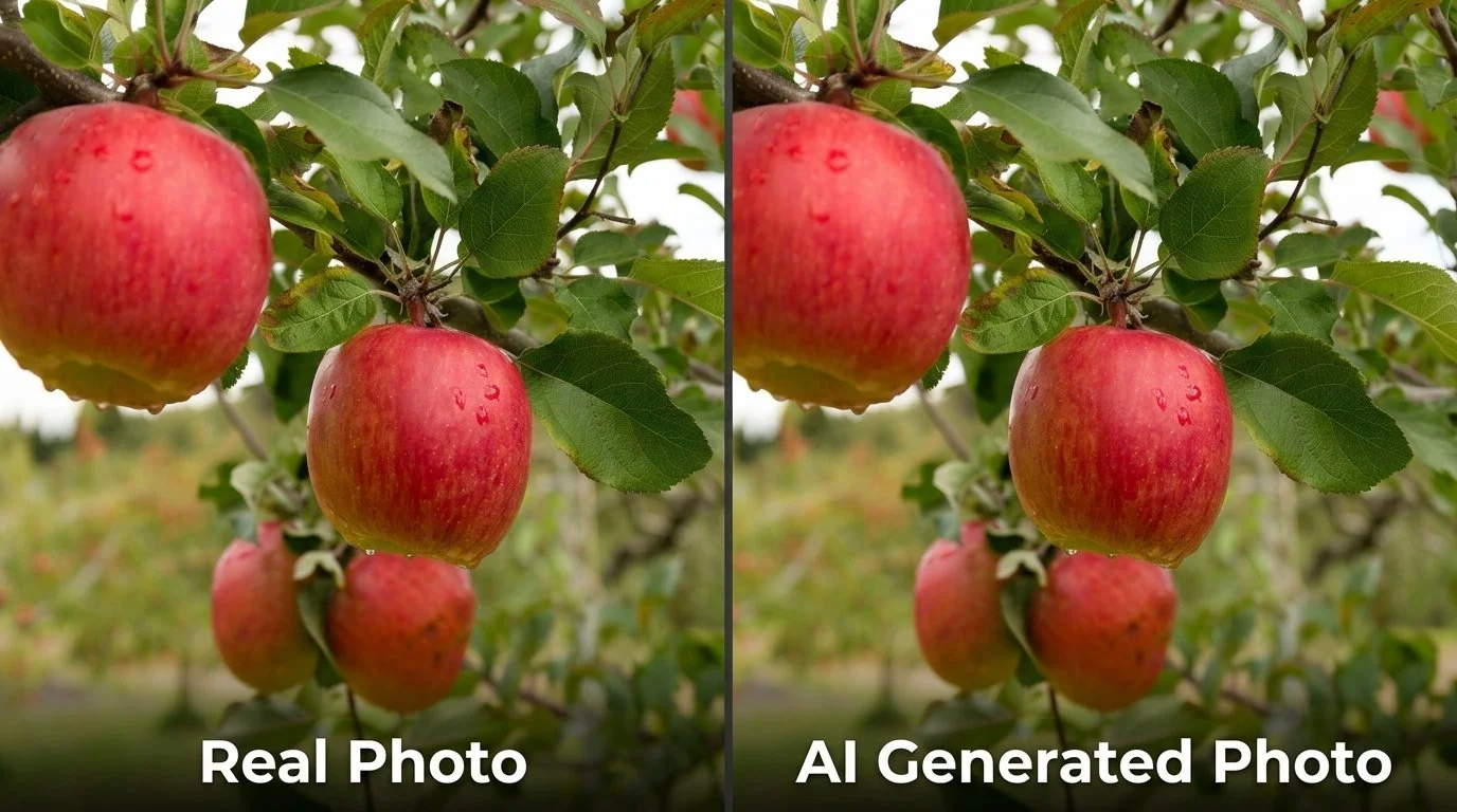 Split Screen of AI and Real Apple Photos