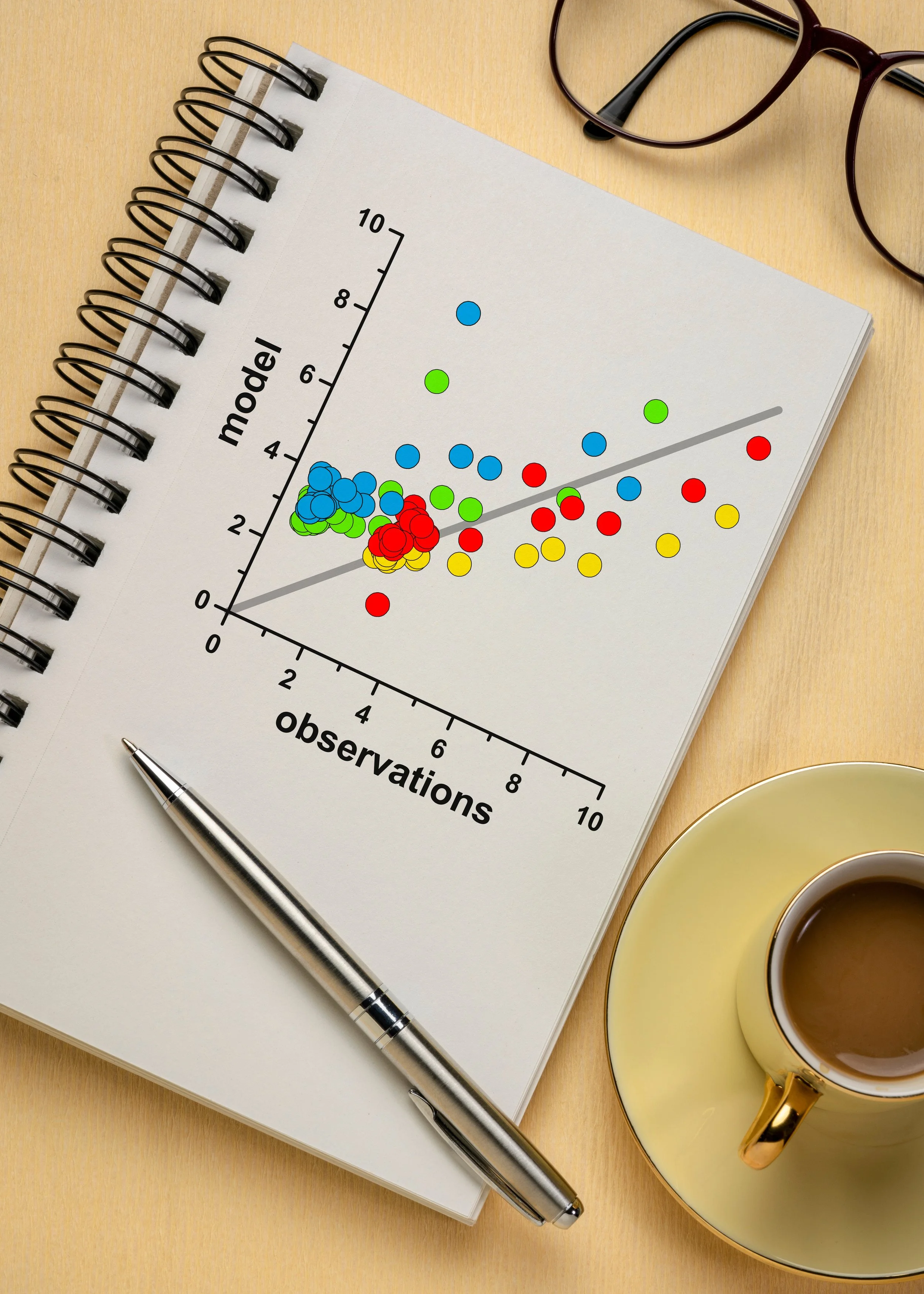 A notebook on a table with probable statistics displayed
