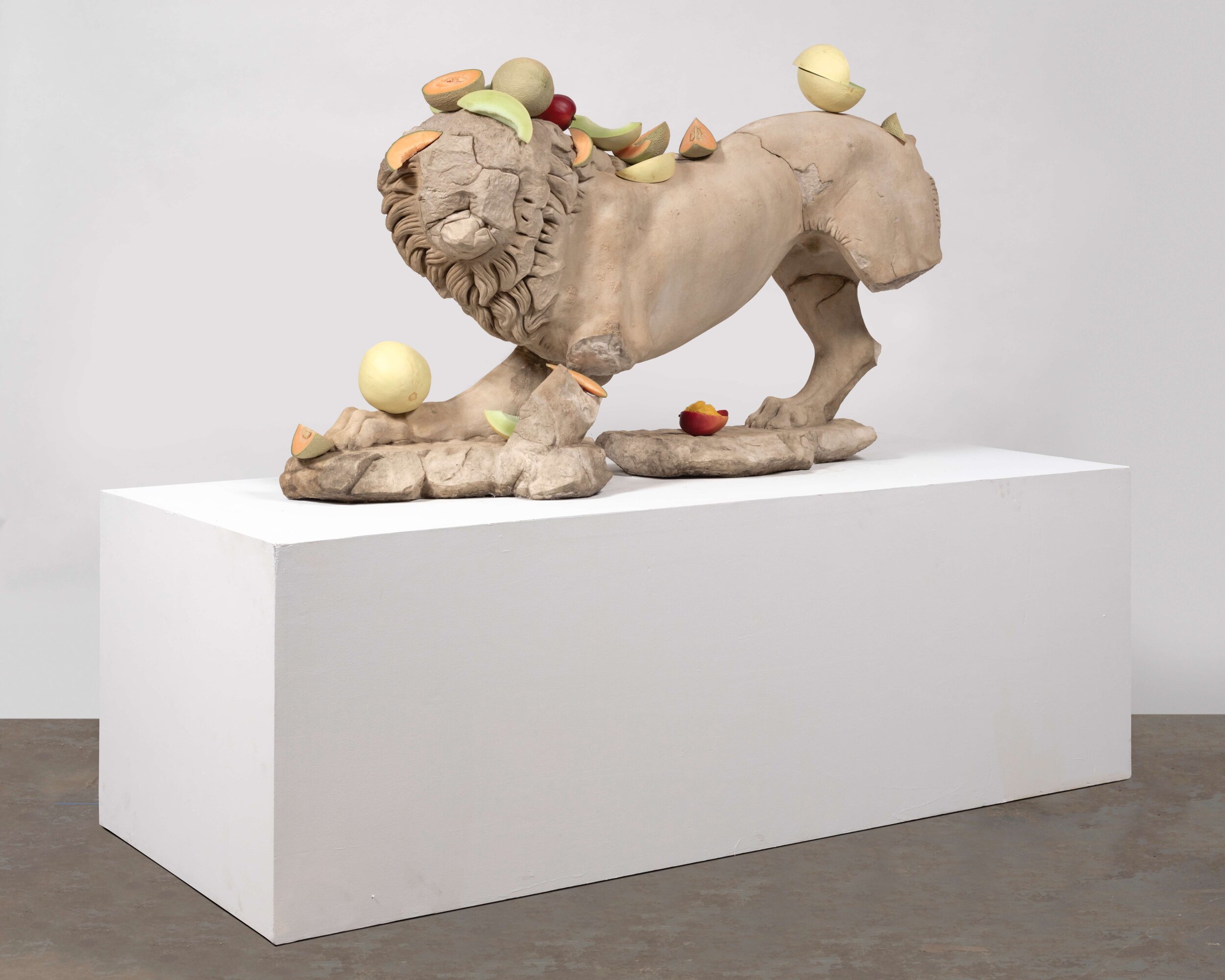 Matelli, Lion (fruit) (View 2), 2019, glass fiber reinforced concrete, marble dust, mineral pigments, stainless steel, cast urethane, paint, 33 x 61 x 16 in., 83.8 x 155 x 40.6 cm, CNON 61.402_Lance Brewer.jpg