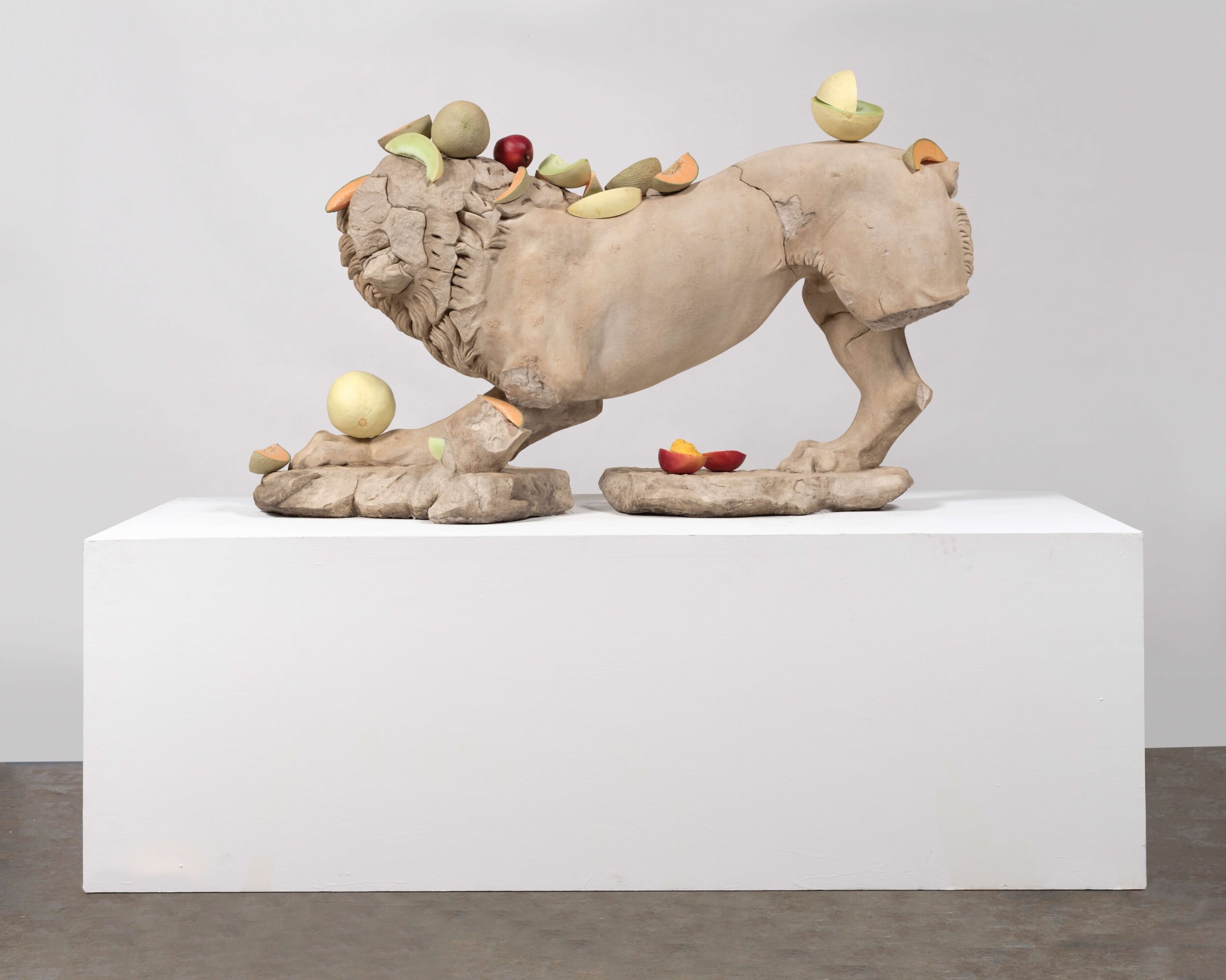 Matelli, Lion (fruit) (View 1), 2019, glass fiber reinforced concrete, marble dust, mineral pigments, stainless steel, cast urethane, paint, 33 x 61 x 16 in., 83.8 x 155 x 40.6 cm, CNON 61.402_Lance Brewer.jpg