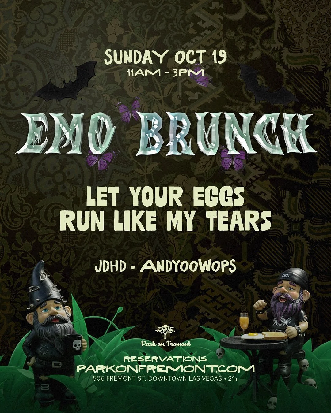 We&rsquo;re not okay&hellip; but our brunch is. 🖤

Join us Sunday, Oct 19 for Emo Brunch &mdash; sad songs, stiff drinks, and eggs that run like our tears 🥀🥚

🎶 Music by @jaydeehd &amp; @andyoowops 
📍 Park on Fremont in Downtown Las Vegas

Reser