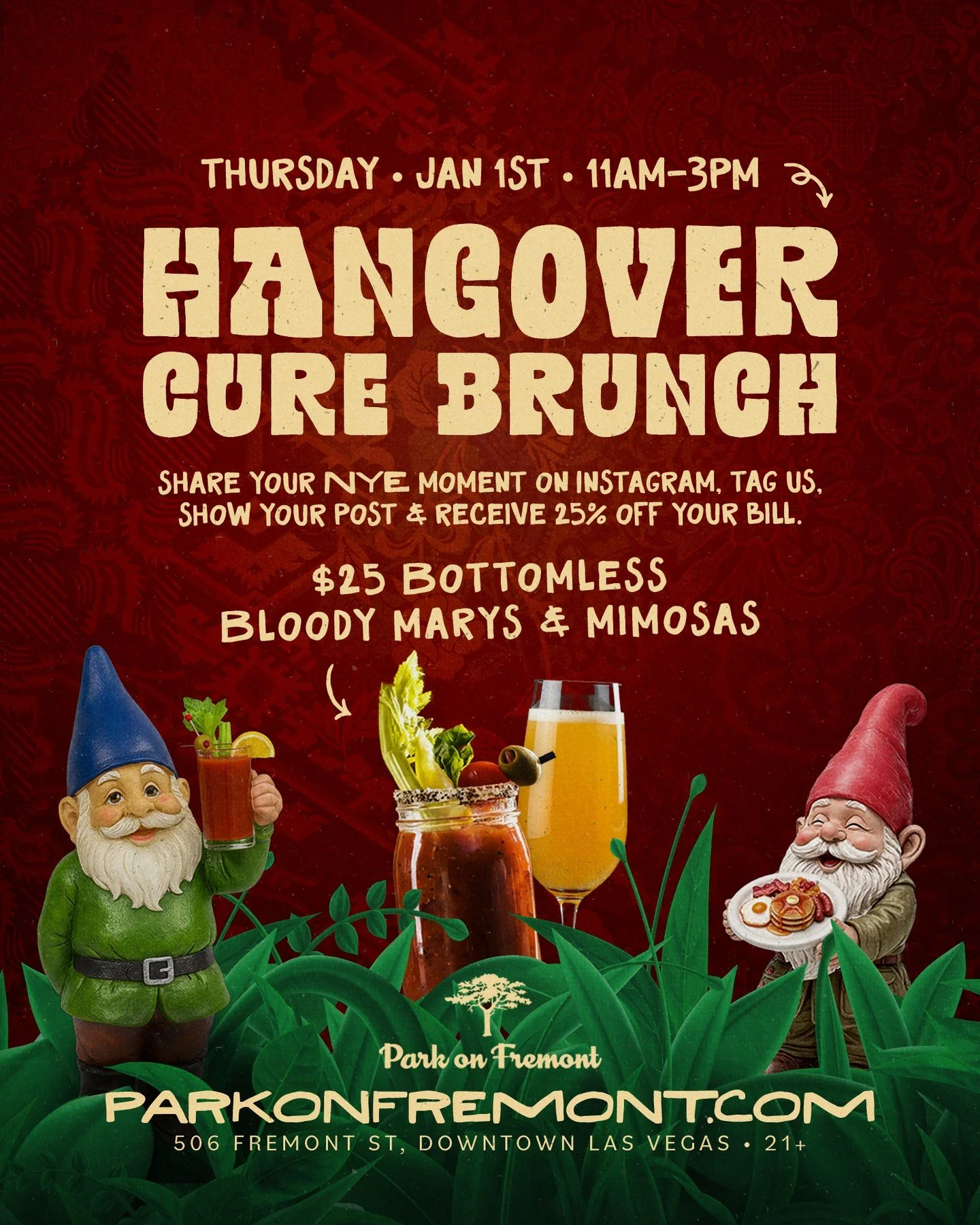 New year, same hangover 🙄 

Meet us at Park on Fremont for the ultimate Hangover Cure Brunch &mdash; $25 bottomless Bloody Marys &amp; mimosas, gnome-approved. 🍅🍾

BONUS: Post your NYE moment, tag + show us to snag 25% off your bill.