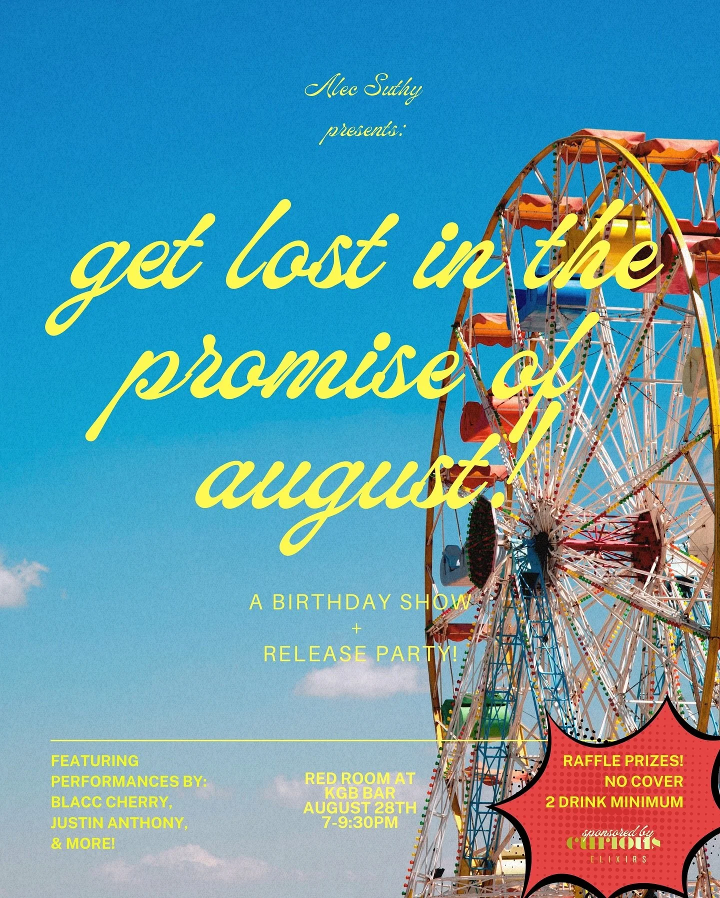 Come celebrate both my birthday and the release of my new single, &ldquo;August&rdquo; at KGB Bar next Thursday! 

Let&rsquo;s get lost, together, one more time this month! We&rsquo;ll have revelry, raffles, and rouge for your knees all night. Perfor