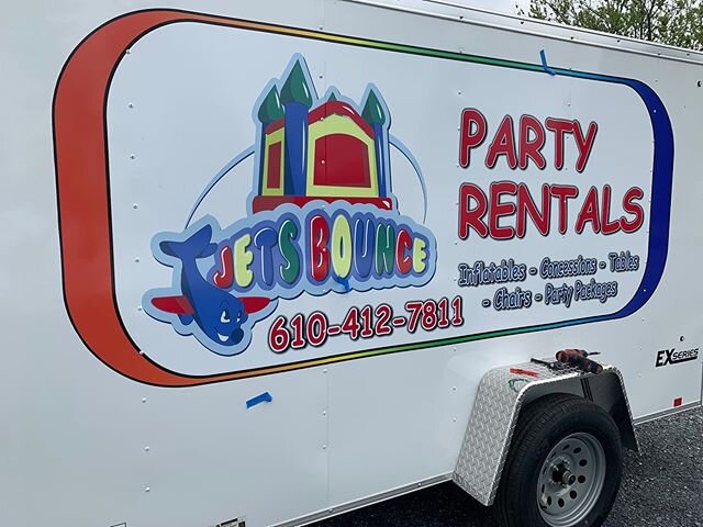 Got a chance to run down to mgs trailer sales yesterday and letter this bounce house trailer for one of their customers. Make sure you see them for any of your trailer needs. #trailerlettering #decals